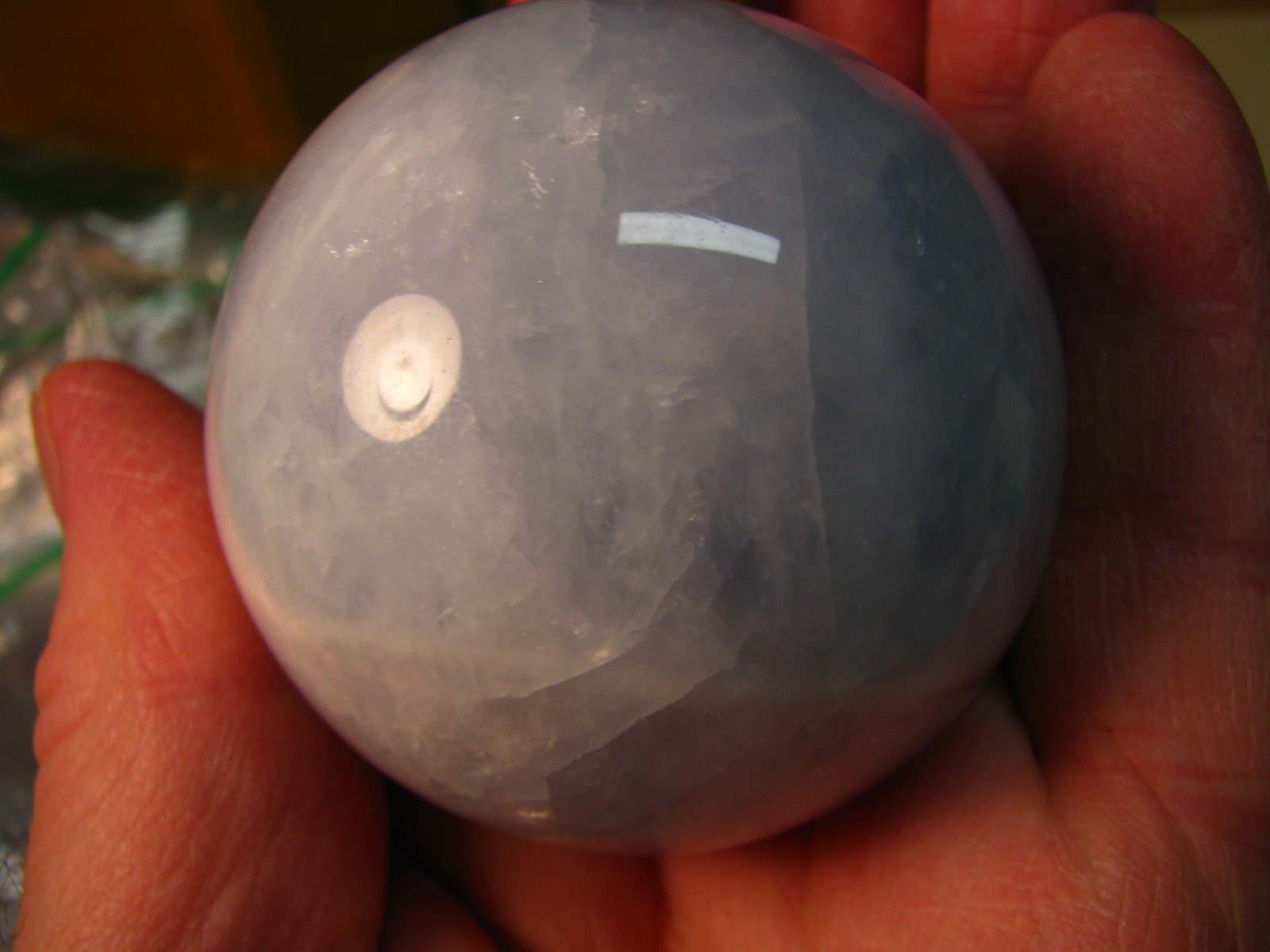 .59lb 2.26inch BLUE CELESTITE SPHERE W/WOOD STAND MADAGASCAR #059