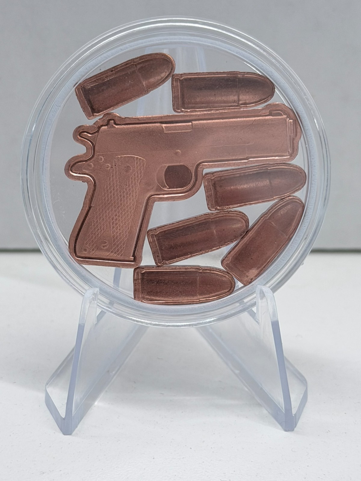 5 Gram Copper 1911 Pistol W/ 6x 1 Gram Copper Bullets In Capsule 11 Grams Total