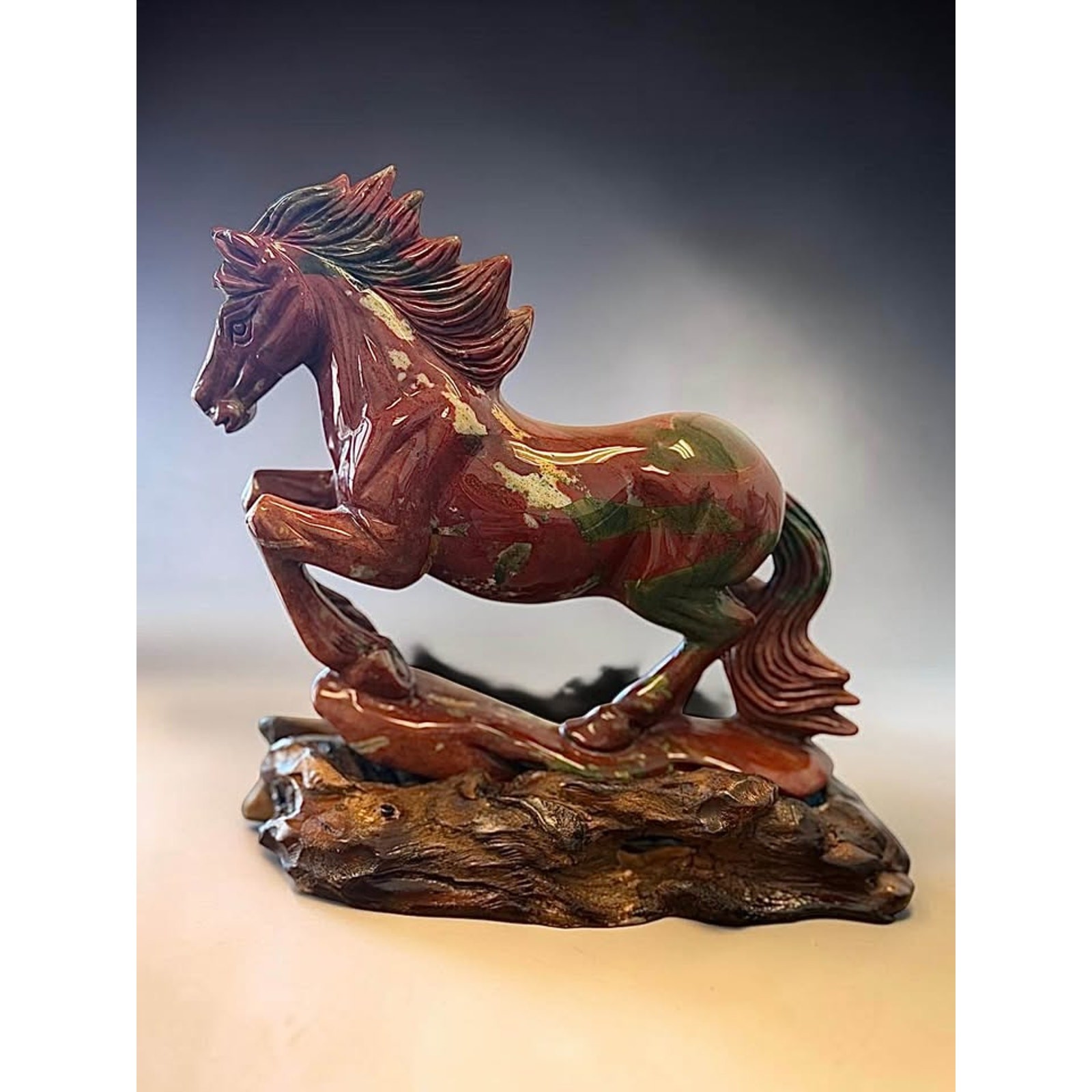 Ocean Jasper Running Horse Sculpture – Hand Carved Crystal Horse on Wood Base
