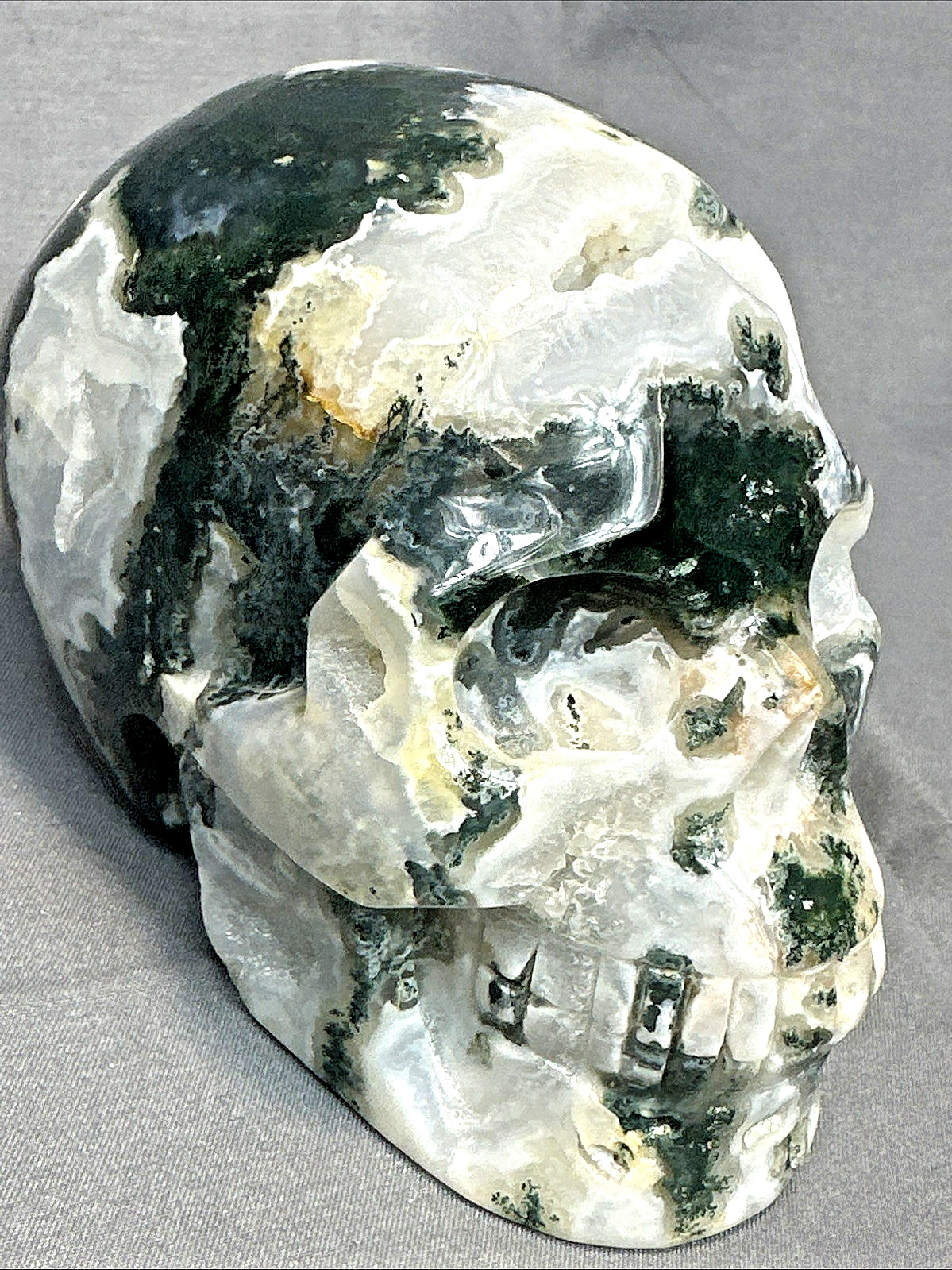 Green Moss Agate Geode Crystal Skull 4.5” Carving With Natural Druzy Pocket 1.15