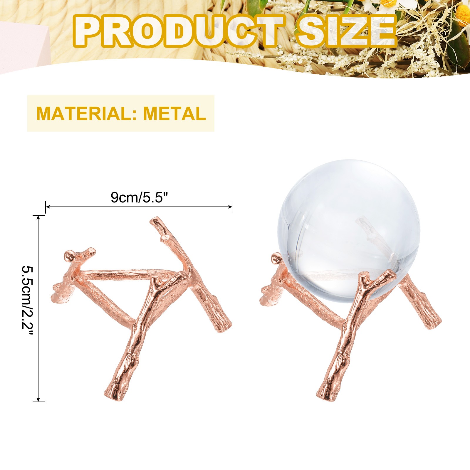 3.9″ Dia Metal Crystal Sphere Holder Crystal Ball Tripod Stand Rose Gold