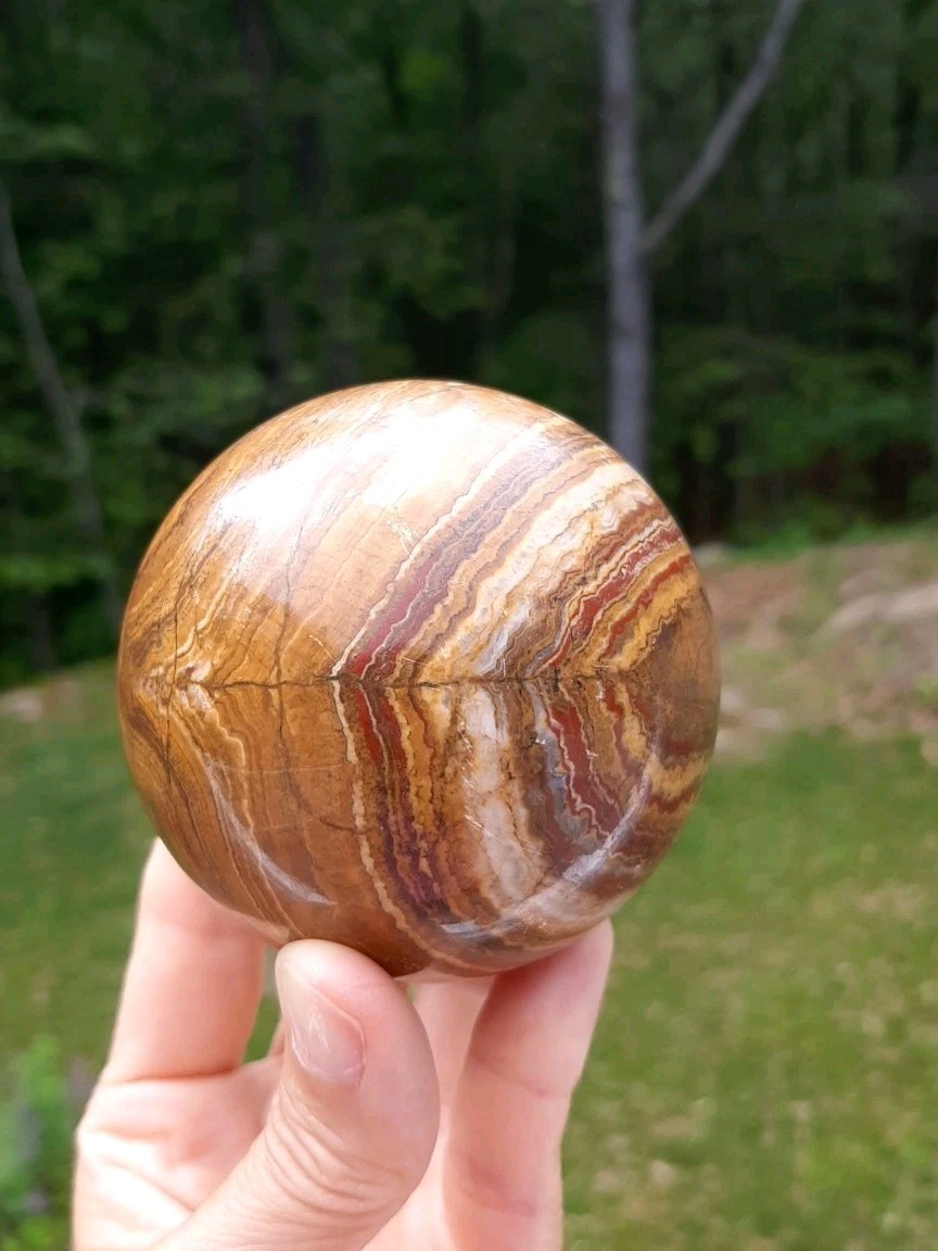 Banded Onyx Sphere Brown Tone Polished Stone Orb 3″ With Wood Stand