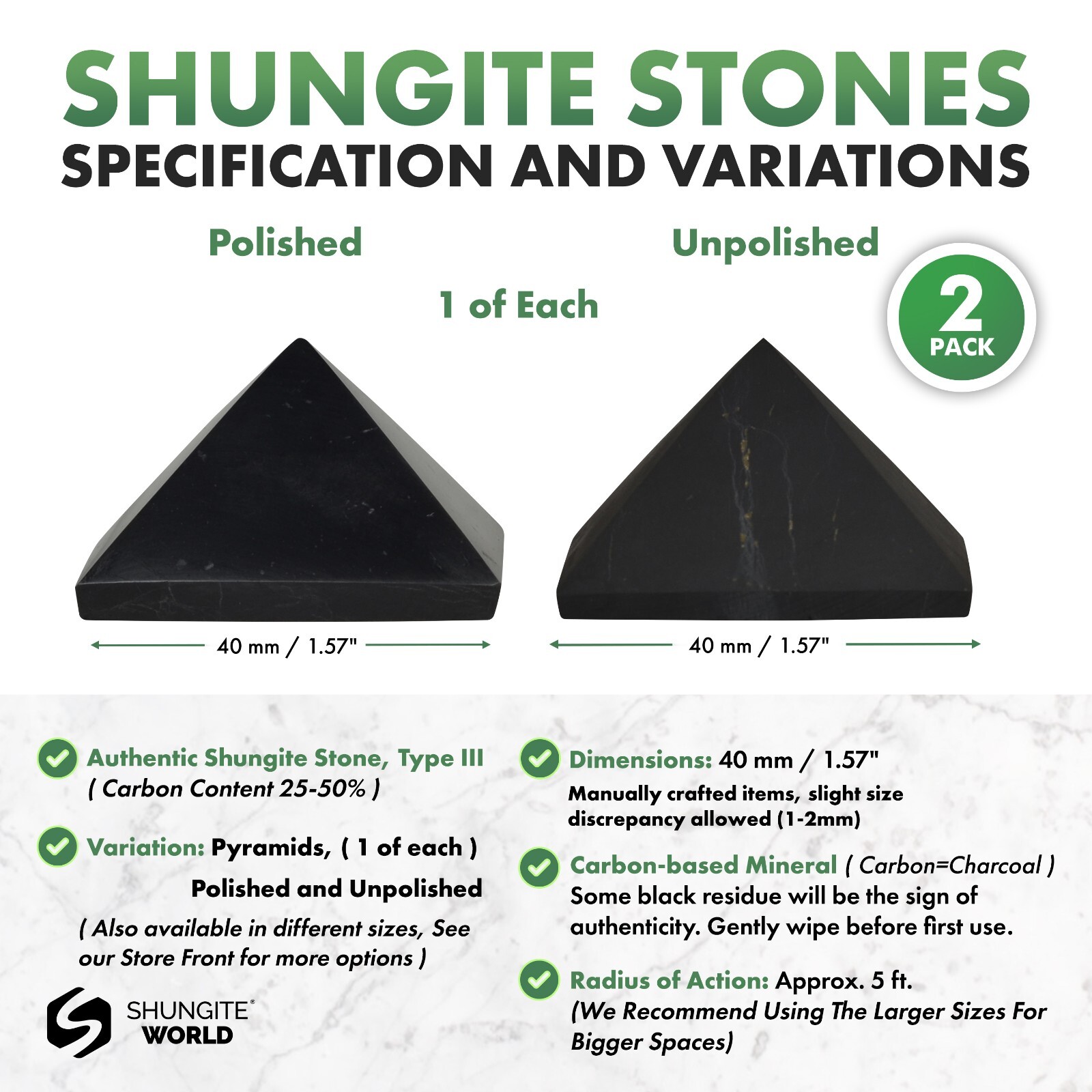 Shungite World Shungite Pyramid Set 2 pcs – 40 mm / 1.57″ (Polished+Unpolished)
