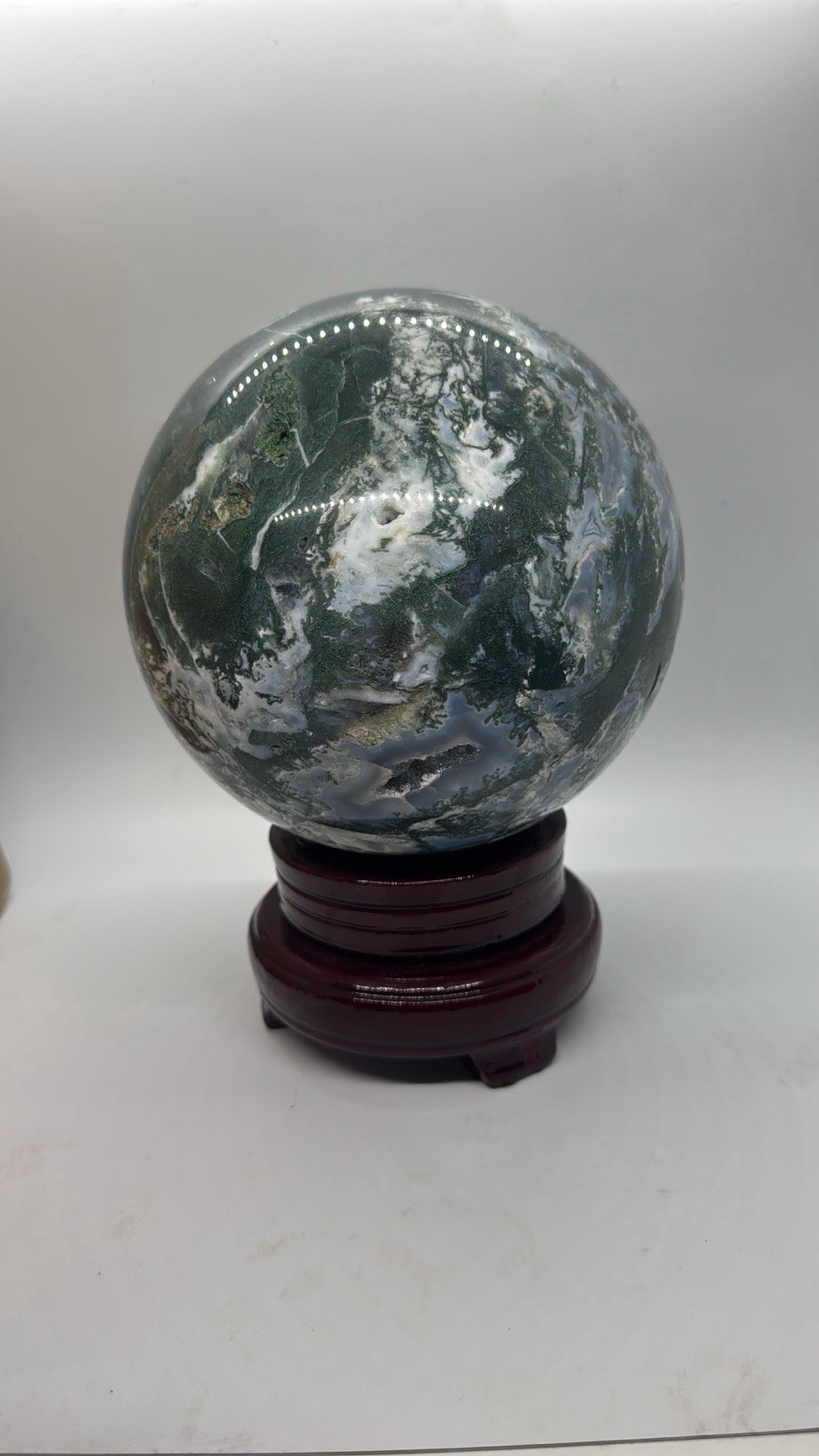 11 pound Polished Moss Agate Green White Crystal Sphere with Wooden Stand
