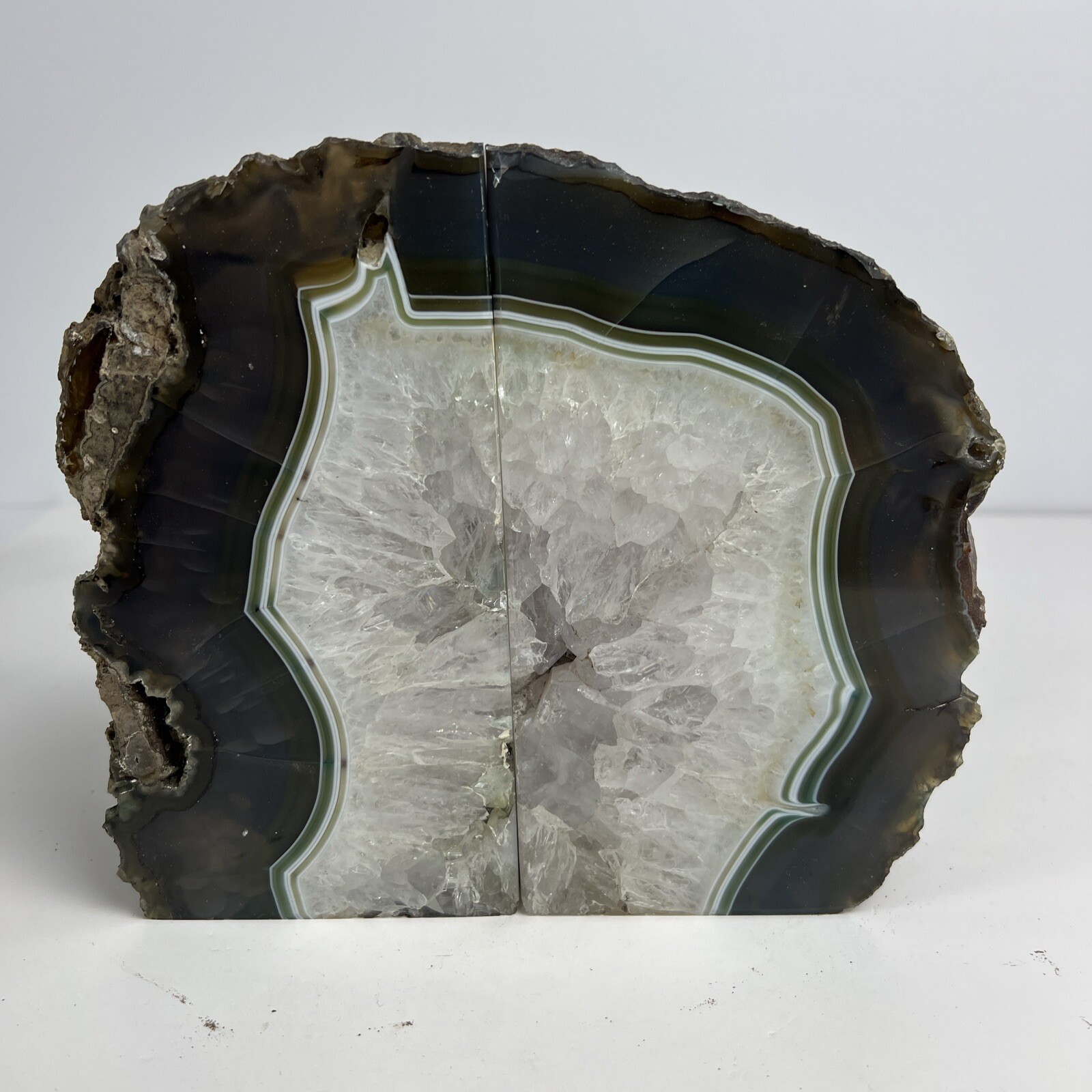 Geode Vibrant Beautiful Brazilian White Green Brown Agate Geode Bookends Rare