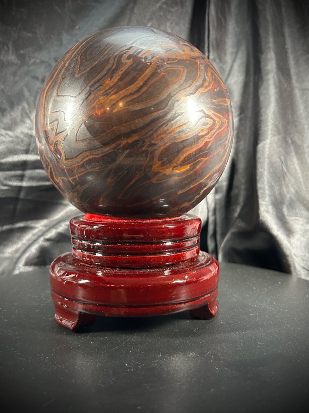 5″ Unique Tiger Iron (AKA Mugglestone) Sphere With Wood Swivel Stand 7lb 4.5oz
