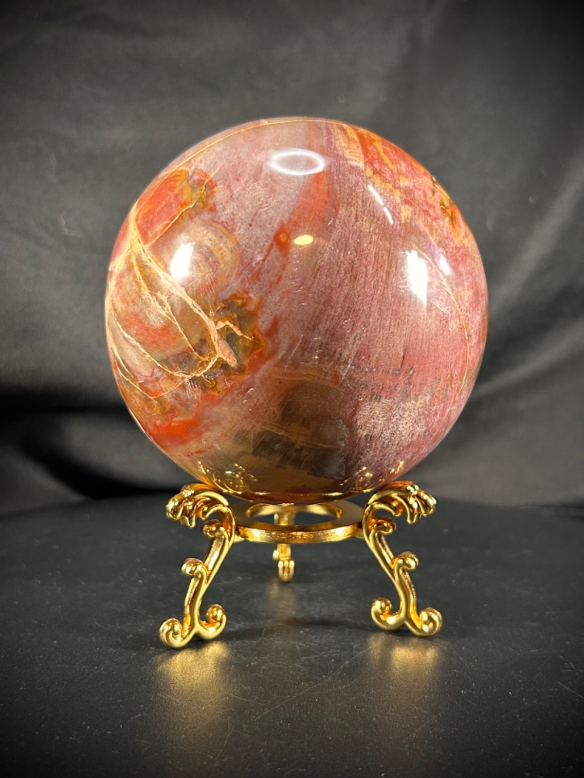 4″ Petrified Wood Sphere With Metal Stand 3lb 0.4oz (1371 grams)