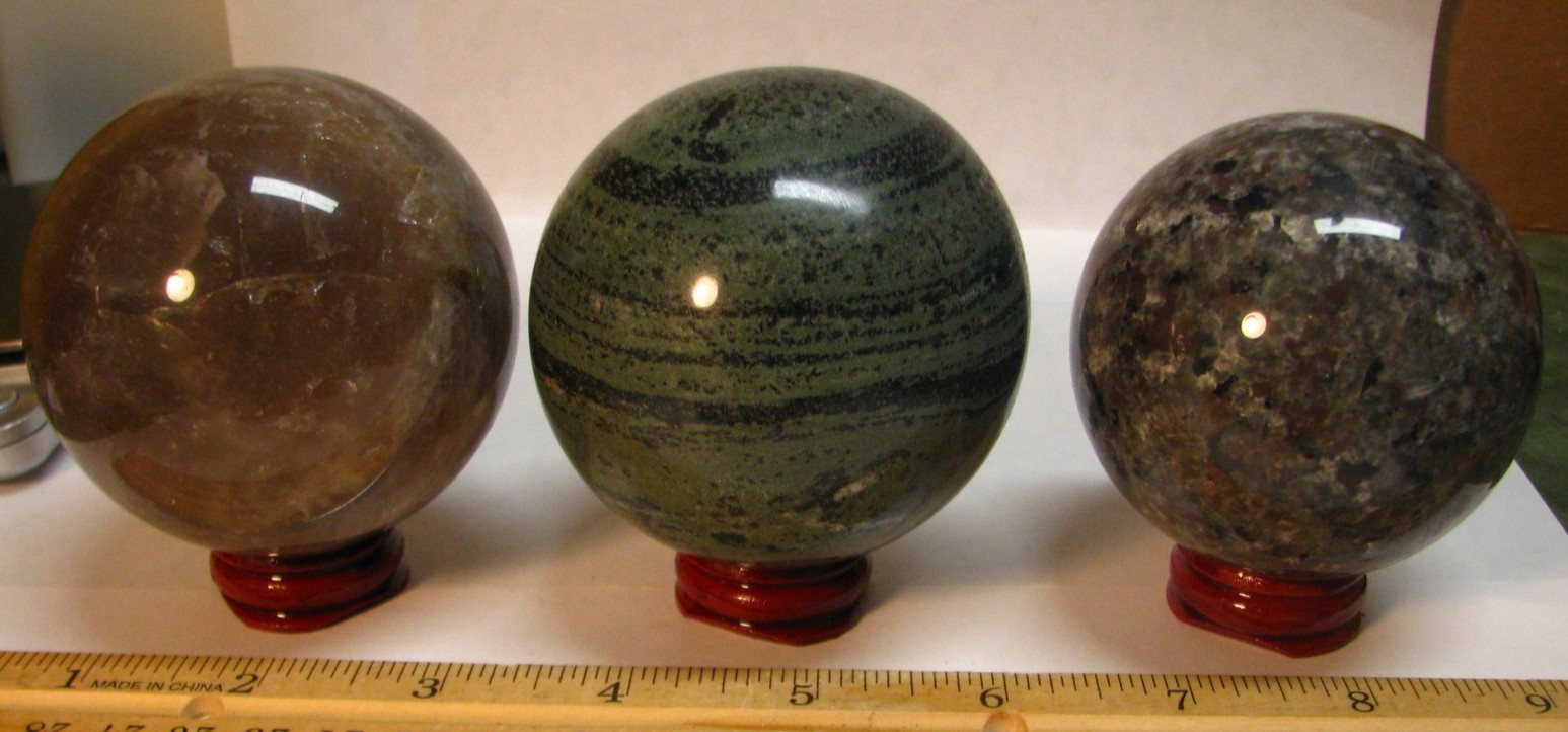 2.97lbs 3 SPHERES 1.1lb VERDE ANDEER 1lb SMOKY QUARTZ YOOPER W/STANDS BRAZIL#328