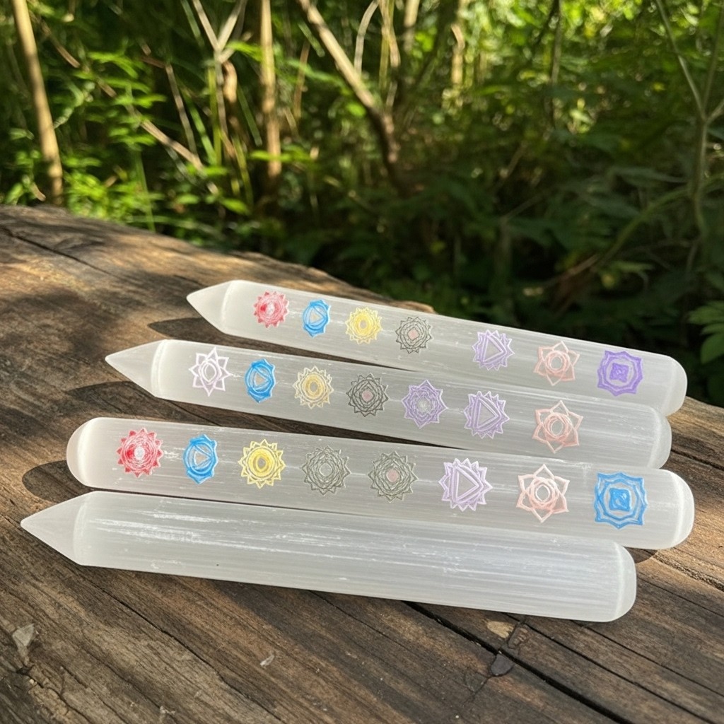 Chakra Selenite Wand – Round Pointed Reiki Massage Stick-Healing Crystal Energy