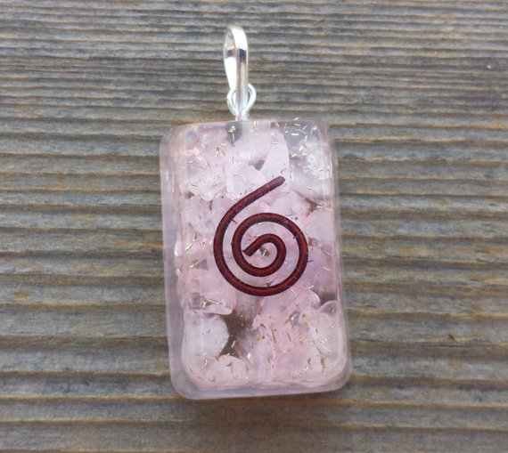 ORGONE ROSE QUARTZ GEMSTONE RECTANGLE PENDANT ORGONITE (ONE)