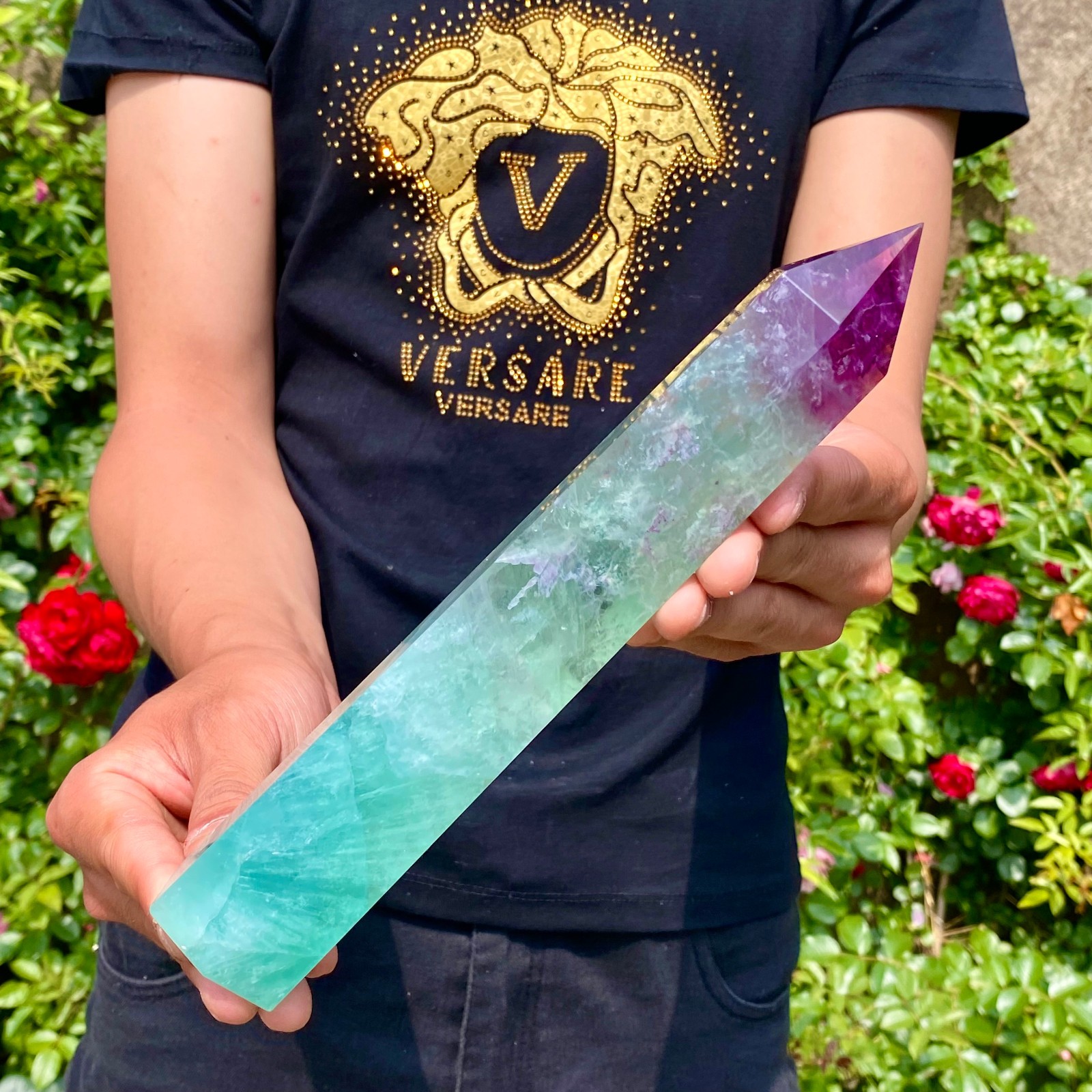 1.6LB Natural rainbow fluorite obelisk quartz crystal wand point Gem Healing