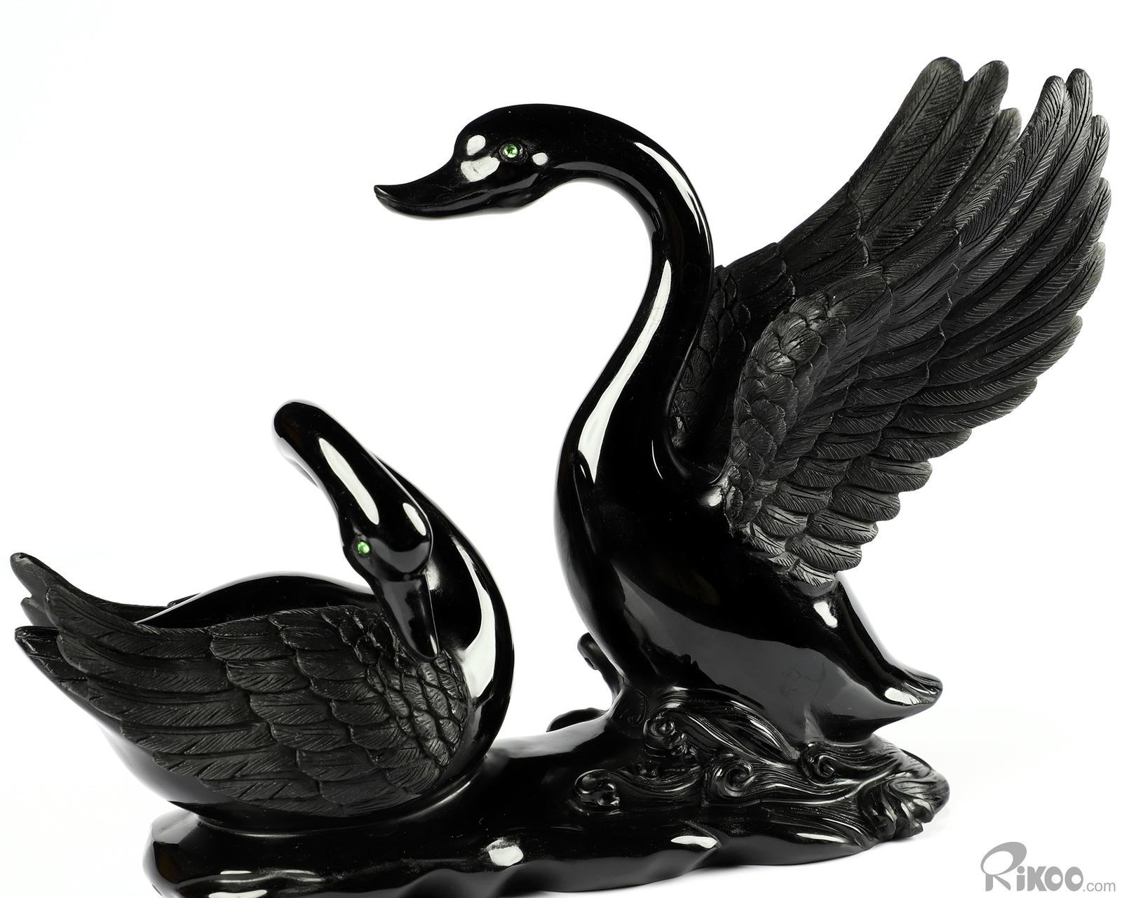 BEAUTIFUL 8.1″ Black Obsidian Carved swan Swans Sculpture Green Garnet Eyes
