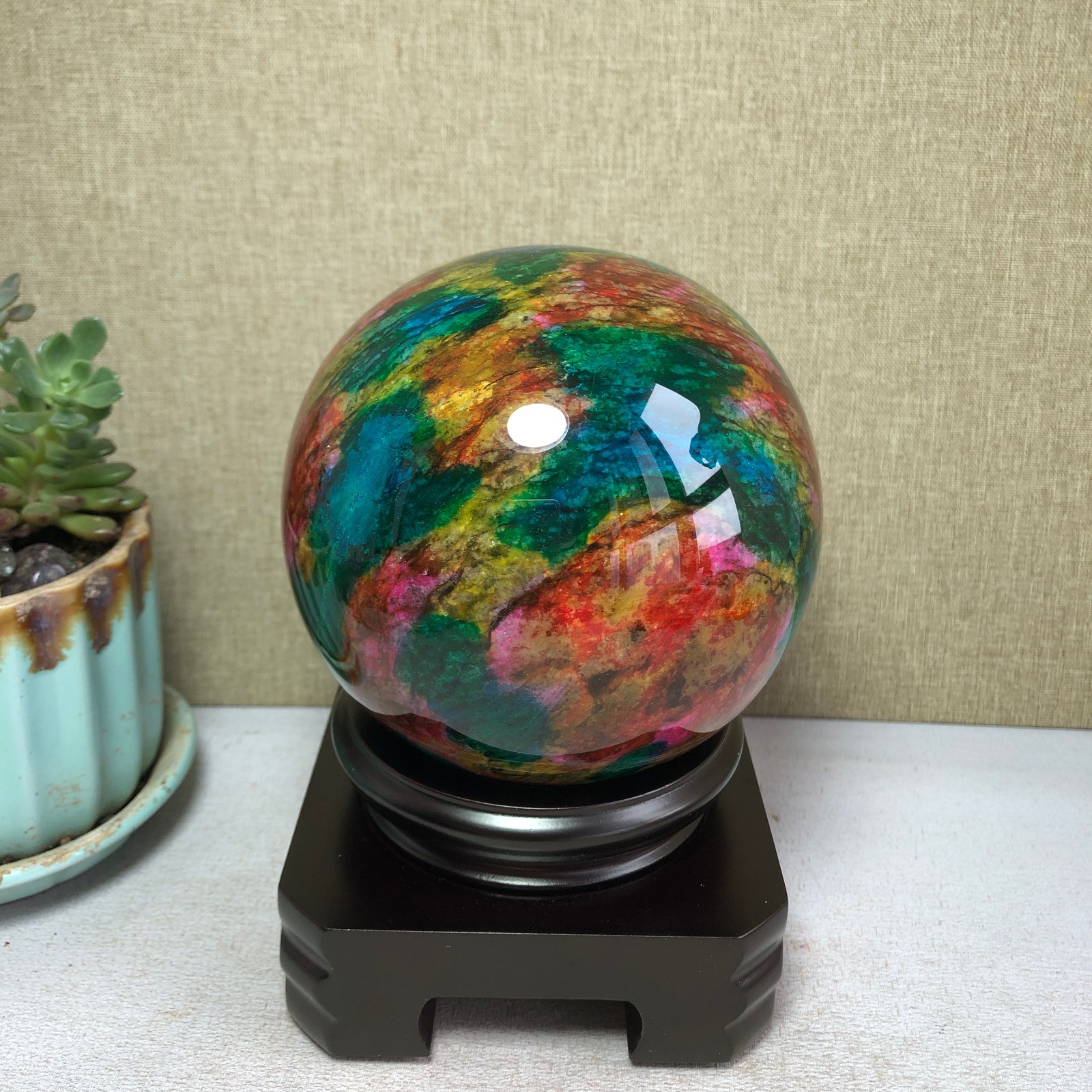 Natural “Seven Colors Jade” sphere flat bottom specimen Taiwan China 99mm A4577