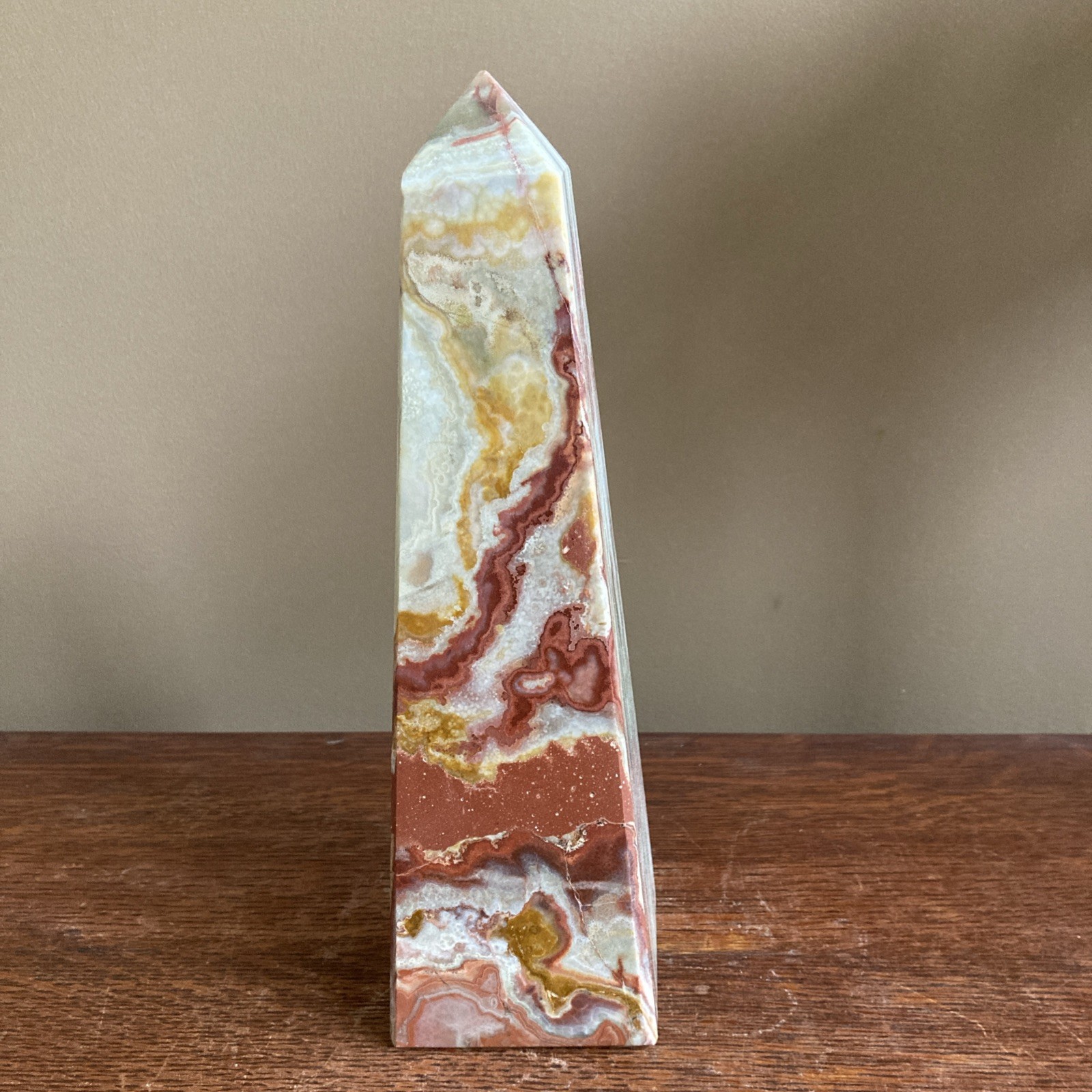 Large 10” Brown White & Green Obelisk 4-Sided Onyx Tower Polished Stone