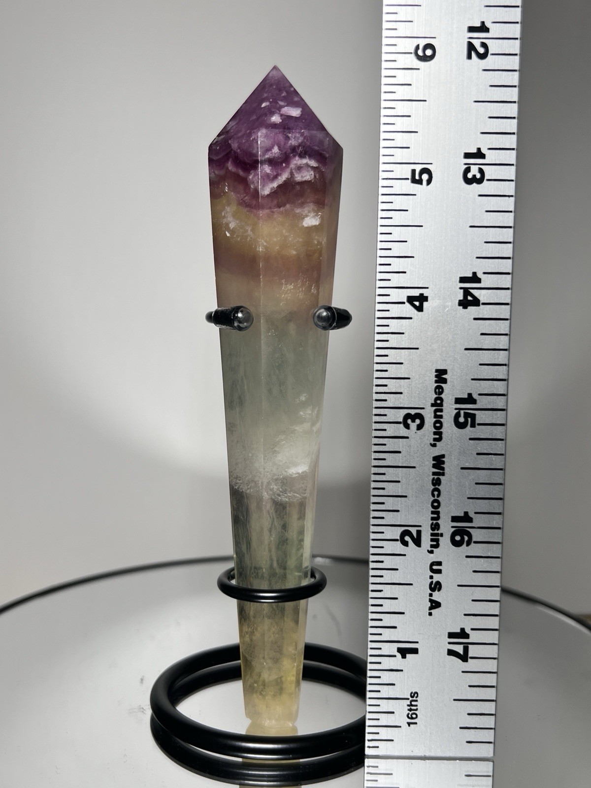 Fluorite 4 Piece Set – Wand, Tower, Hulu Carving, & Sphere (33mm)