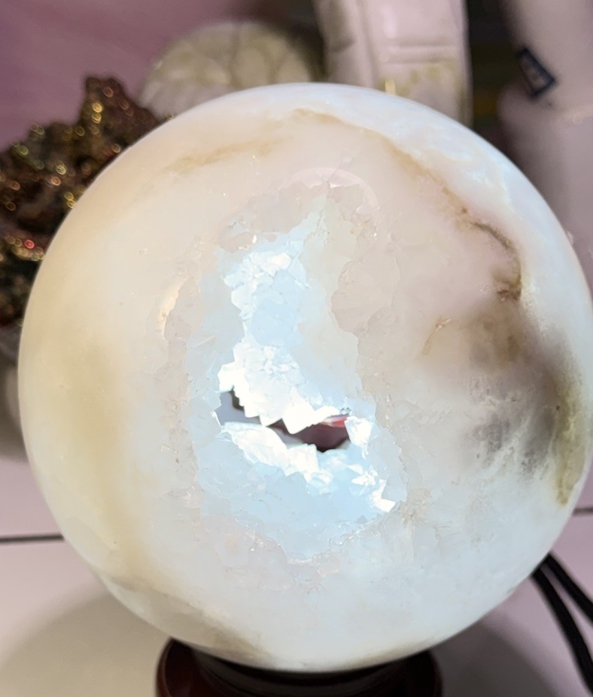 White Crystal Geode Sphere Mineral Display Specimen with Druzy Cavity on Stand