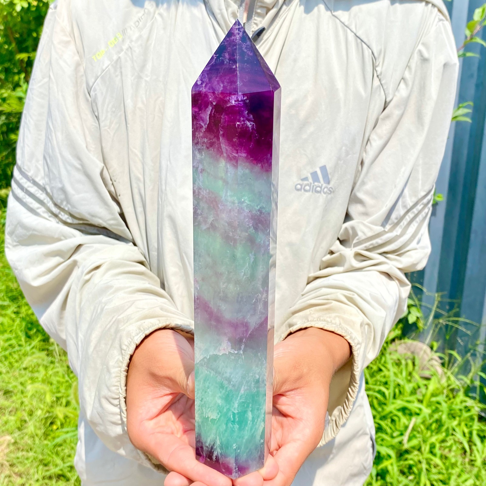 2.62LB Natural Rainbow Fluorite Obelisk Quartz Crystal Wand Tower Point Healing