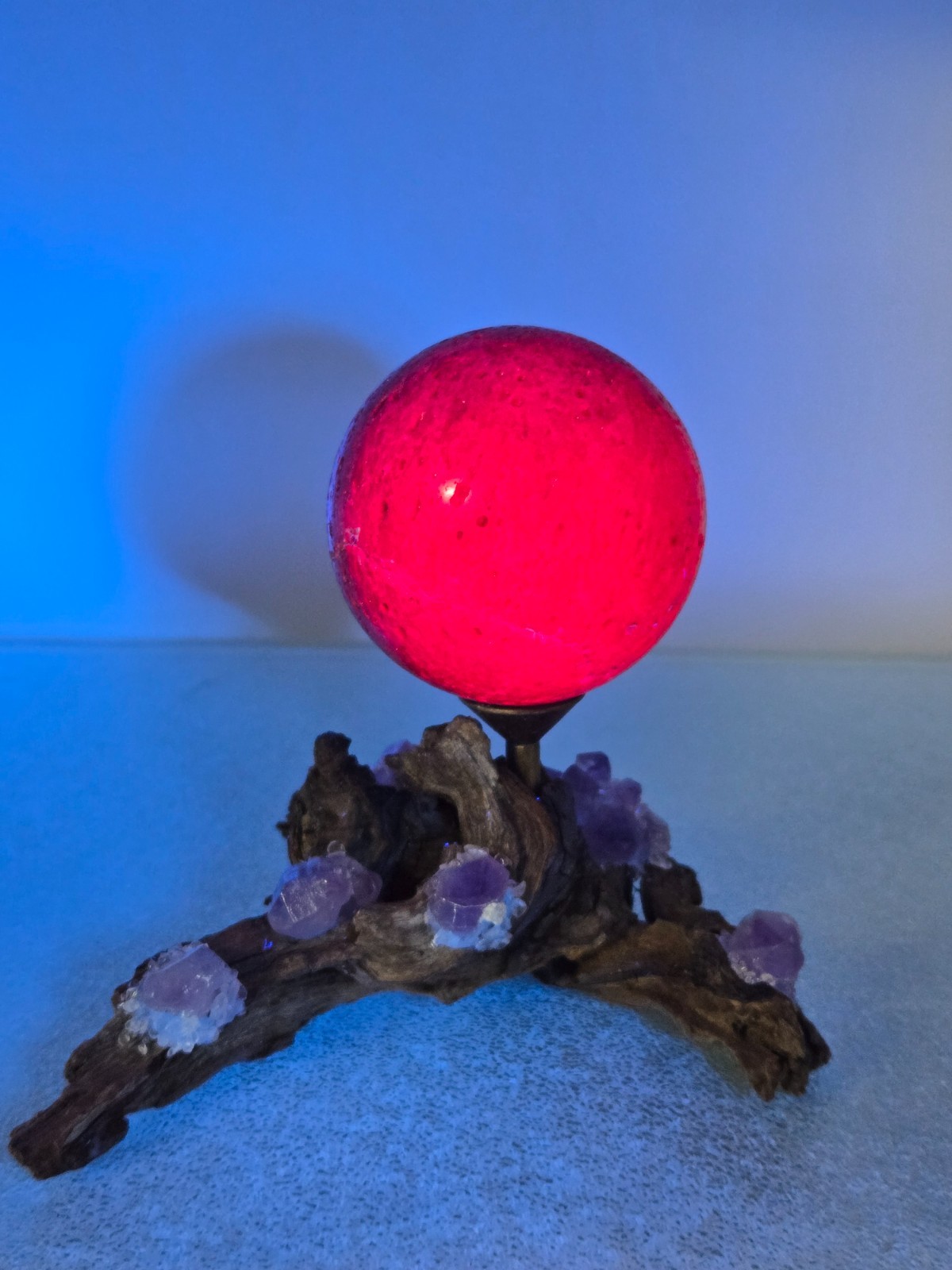 320G Pink UV Ruby Corundum Sphere Crystal Ball Reiki Healing With Wood Stand