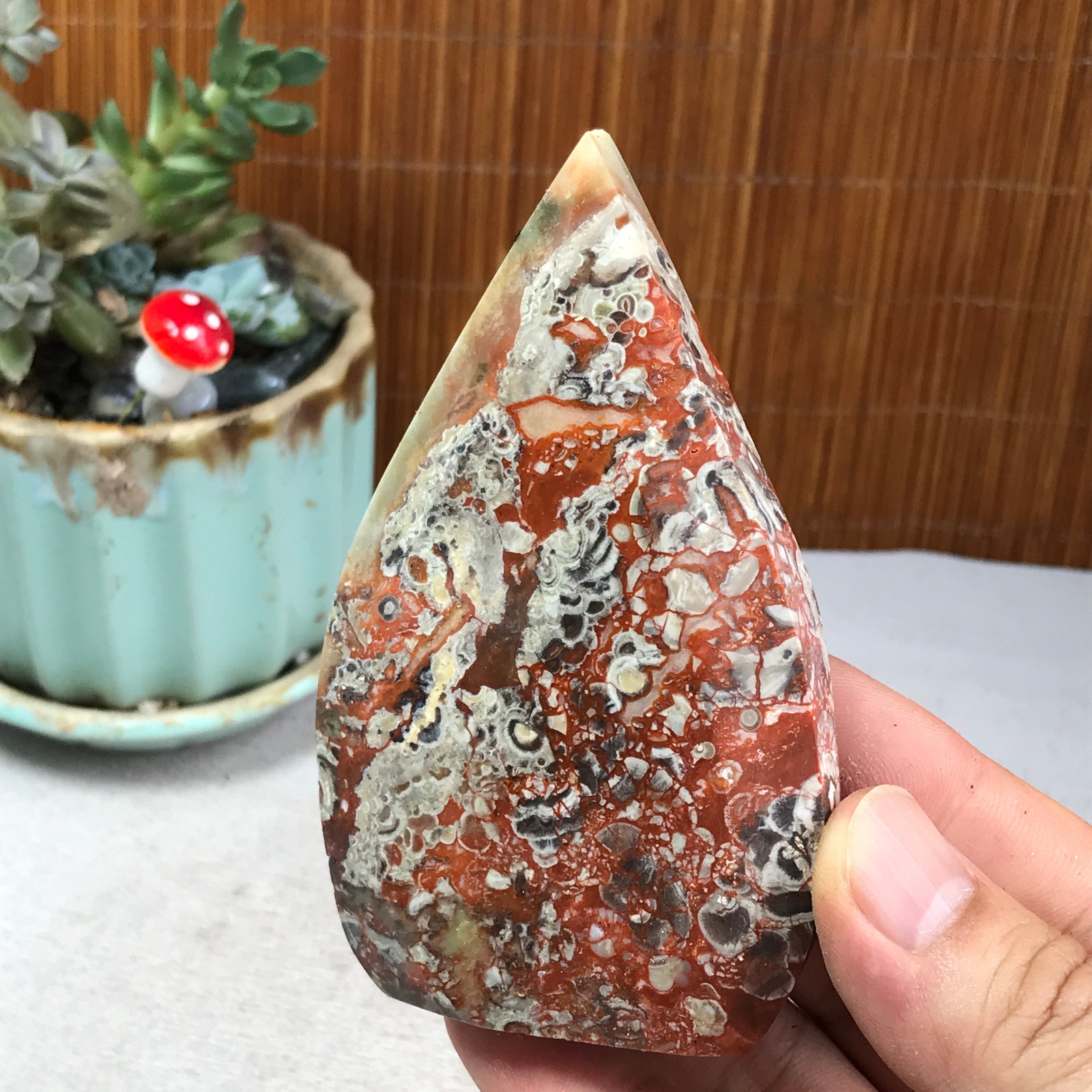 Natural money Mexico agate hand carve leaf Crystal Specimen free standing A6262