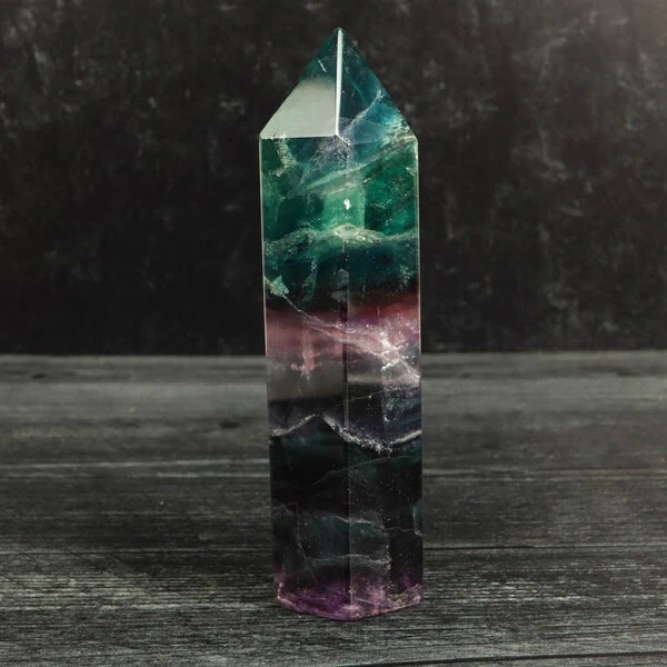 Natural Rainbow Fluorite Healing Crystal Wand Obelisk Reiki Tower Point Ornament