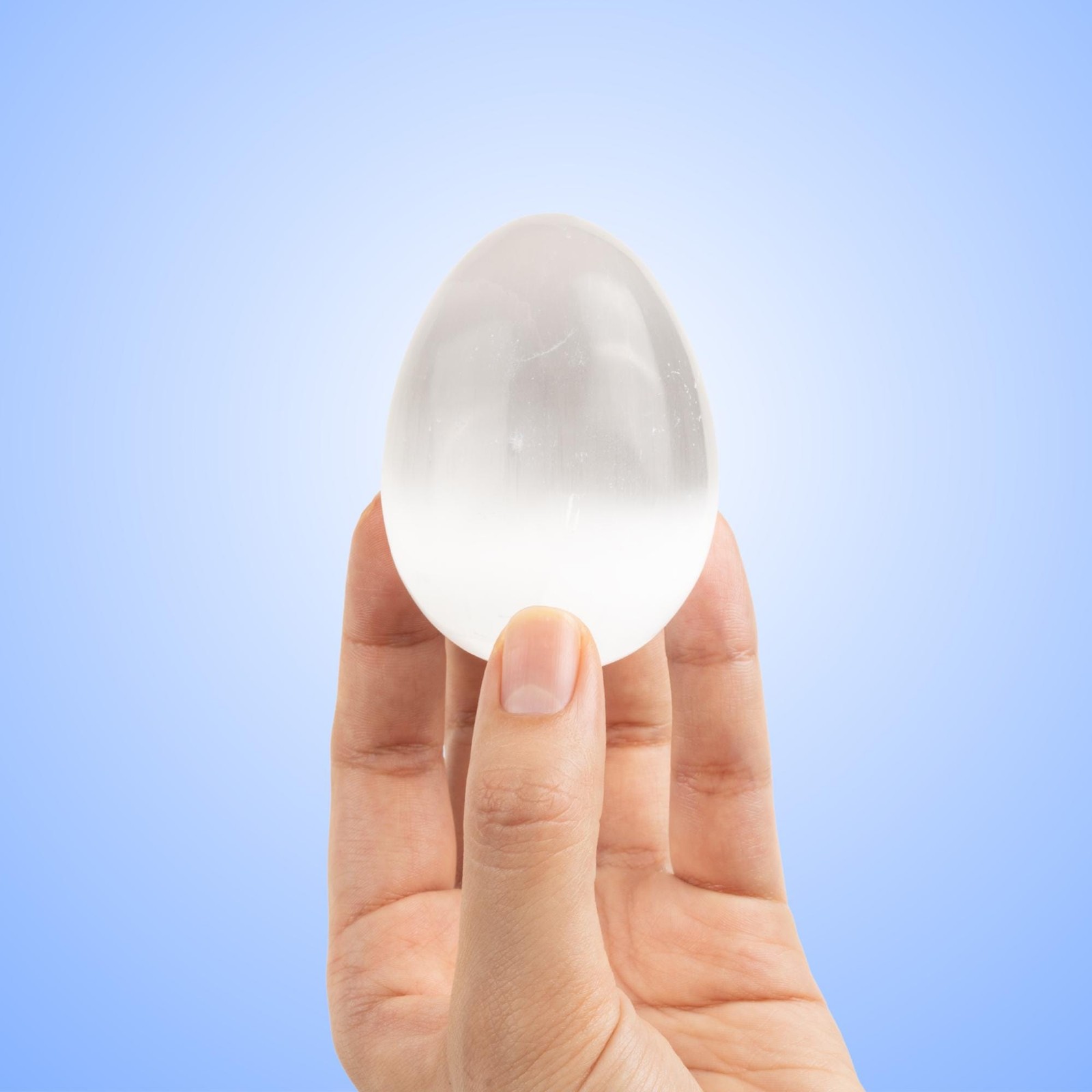 Selenite Egg with Wooden Tripod Stand Polished White Crystal Charging Stone Gift