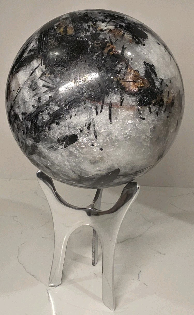 16.8LB 7″ Huge Tourmalinated Quartz Sphere Black Tourmaline Crystal Orb / Stand