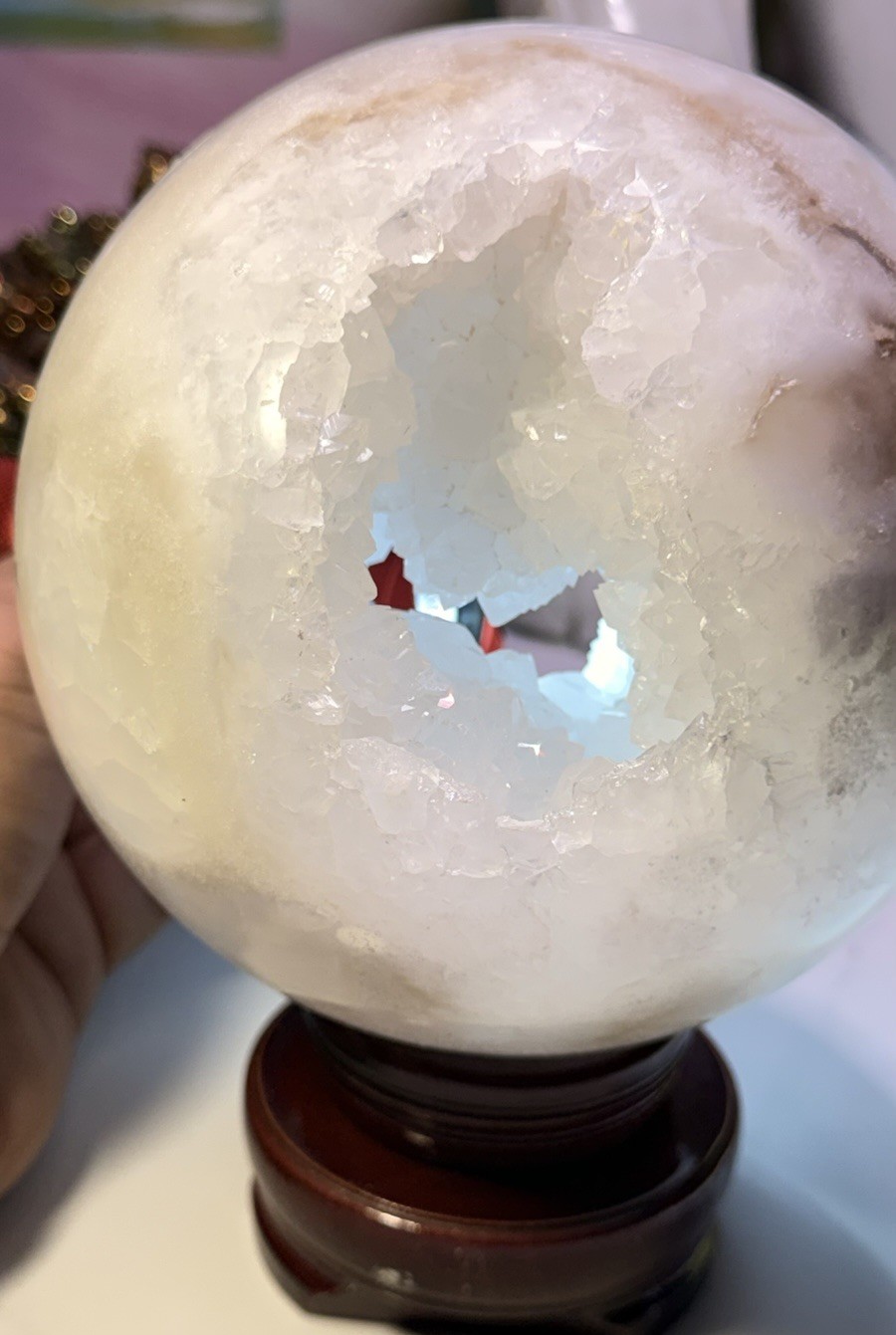 White Crystal Geode Sphere Mineral Display Specimen with Druzy Cavity on Stand