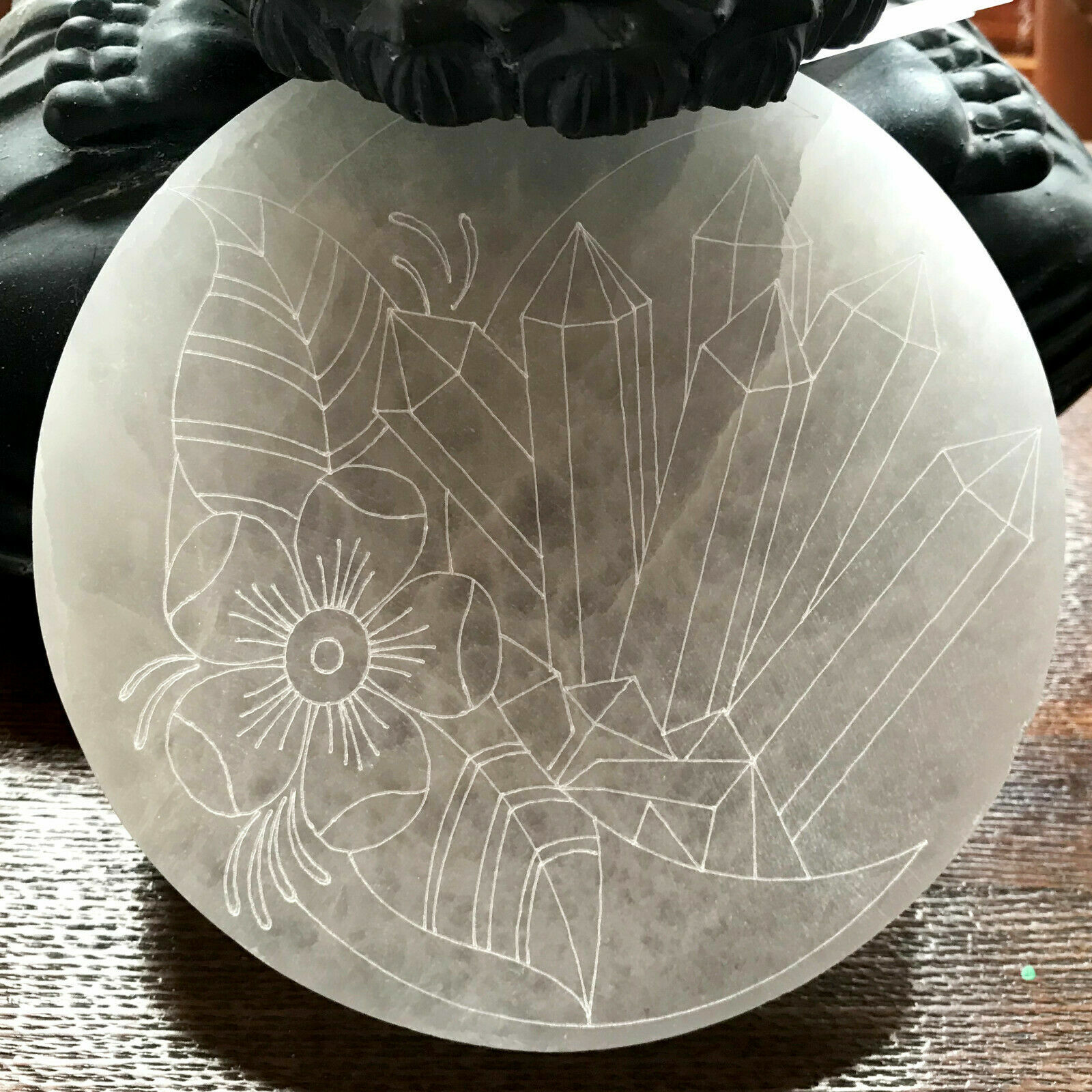 XL Selenite Charging Plate ” Moon Flower Engraved Crystal Round Disc Reiki Energ