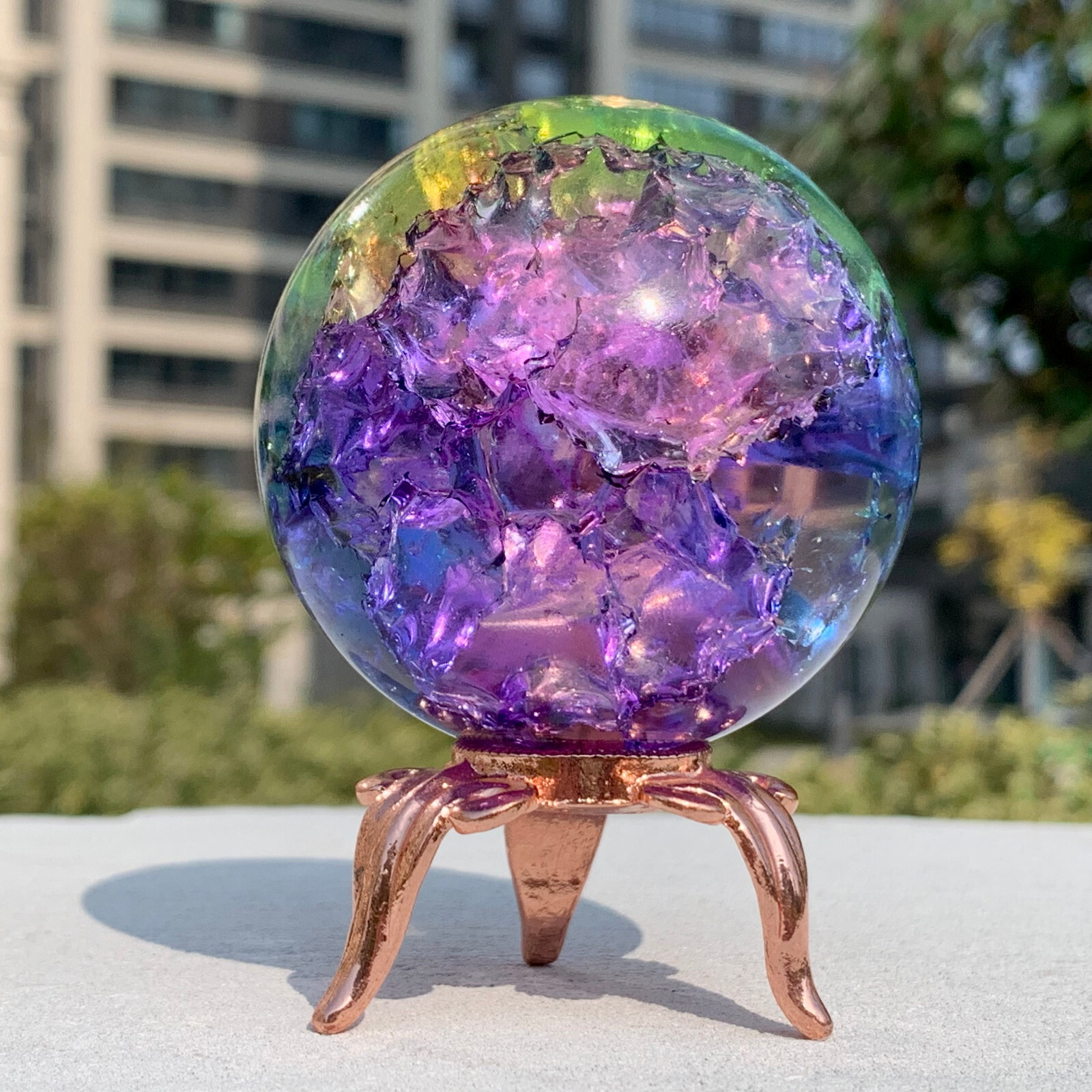 279G Natural Titanium Rainbow Quartz sphere Crystal ball Healing+stand