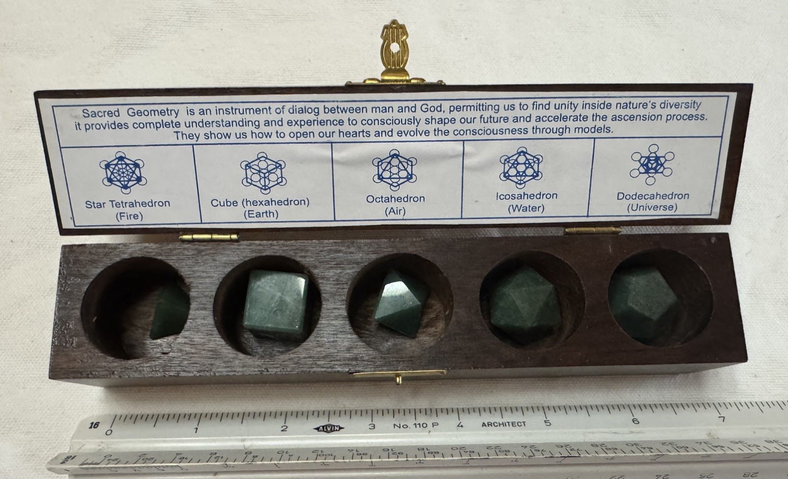 Vintage Green Indian Agate 5pc Sacred Geometry Set Platonic Solids w/Wooden Box