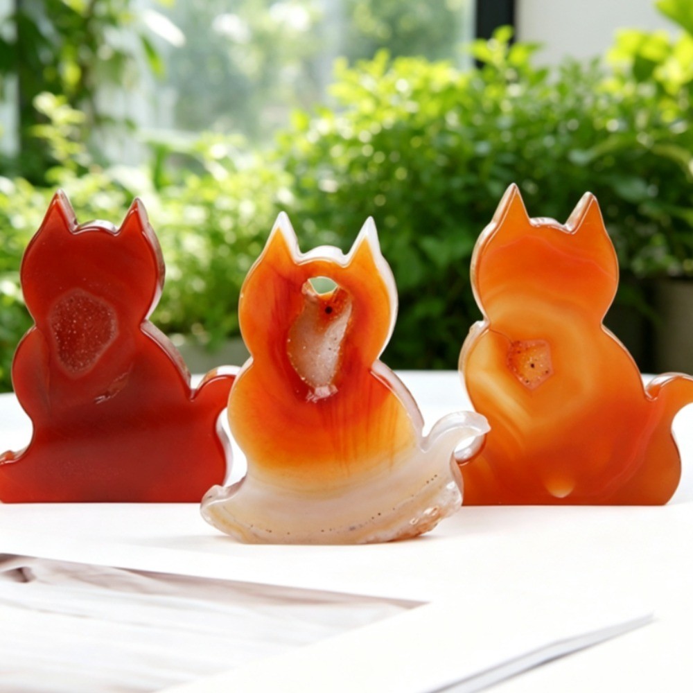 Natural Red Agate Geode Lucky Cat Carving Crystal Stone Healing Desk Decor 2pcs
