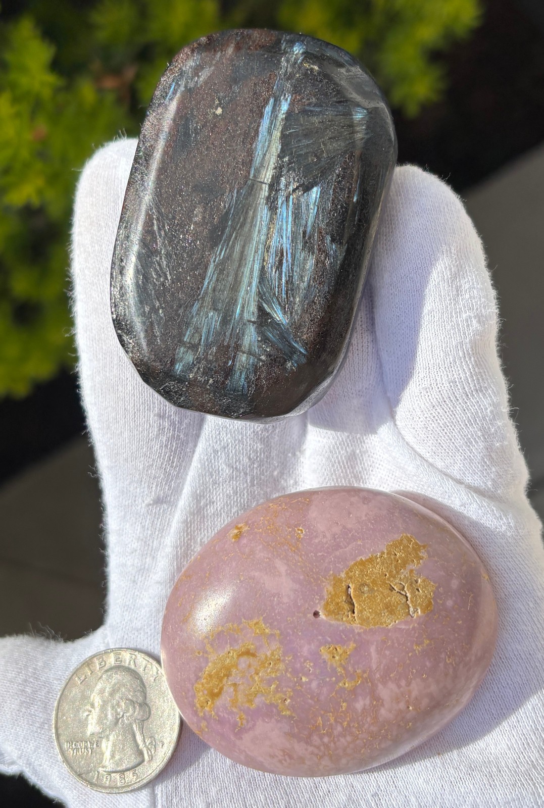 LOT PHOSPHOSIDERITE & ARFVEDSONITE Antho phyllite PALMSTONES PALM STONE FLASH