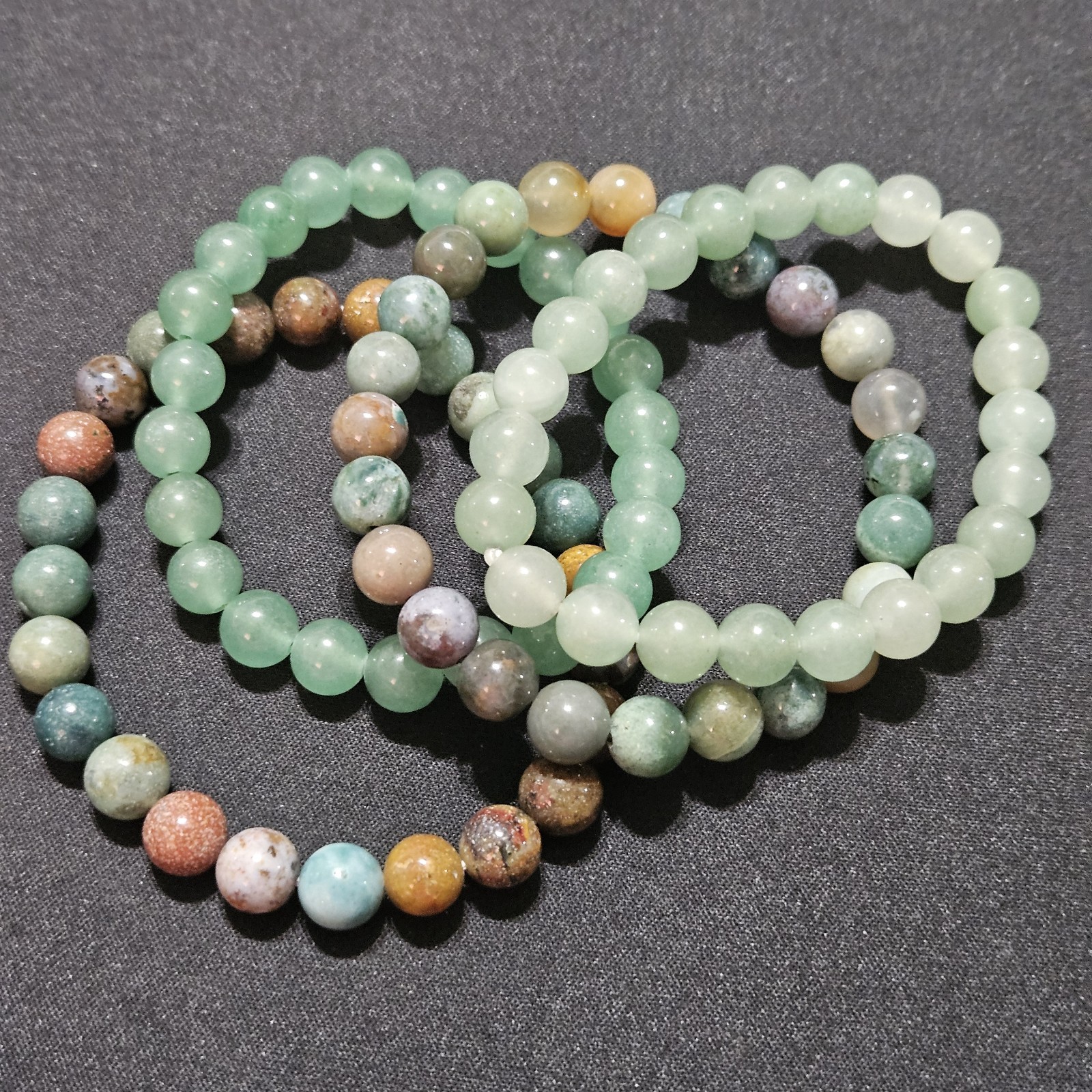 Natural Crystal Bead Stretch Bracelet, Lot Of 4, Gemstones, 8mm, Jasper, Agate +