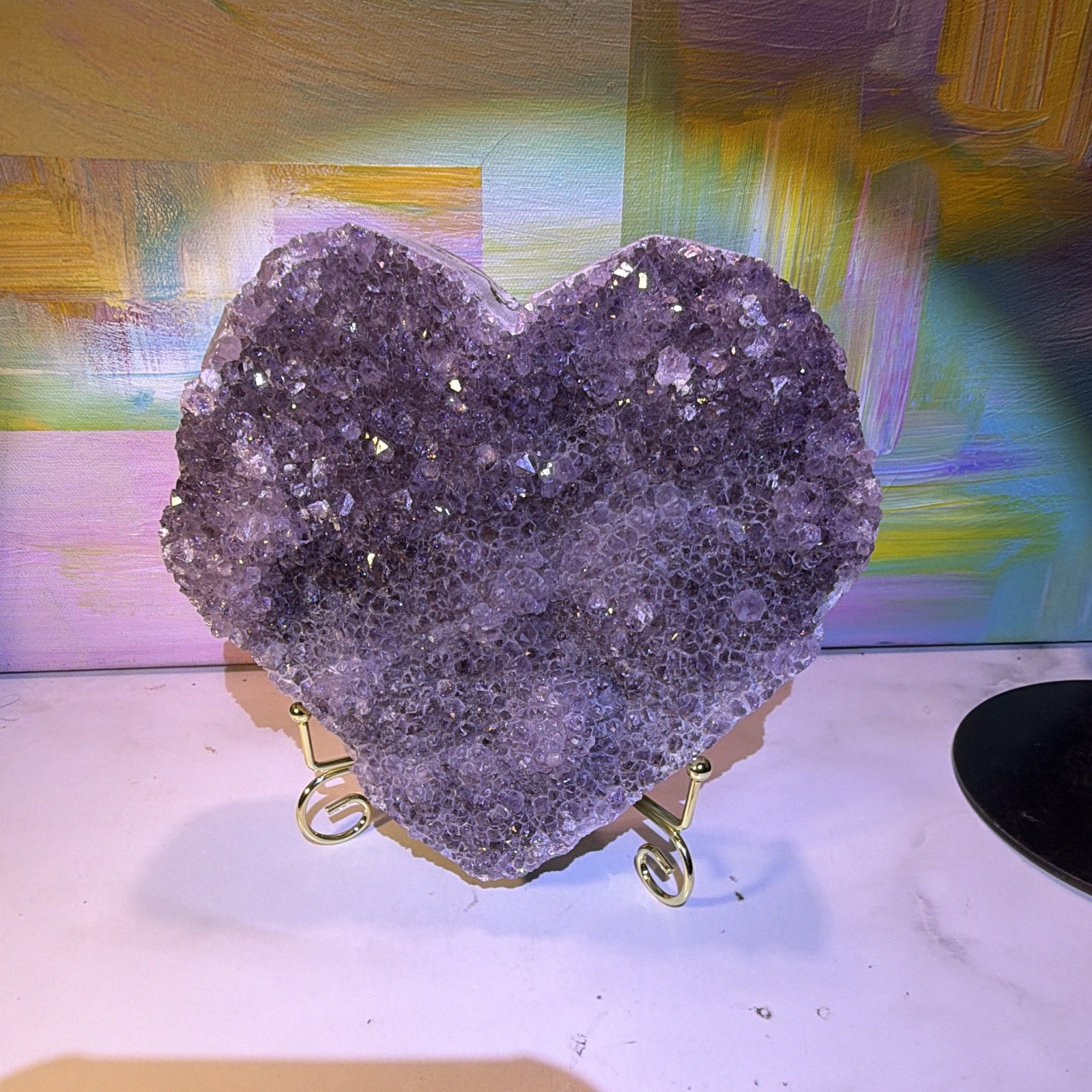 Heart-Shaped Purple Crystal Cluster Mineral Display Specimen on Metal Stand 8 in