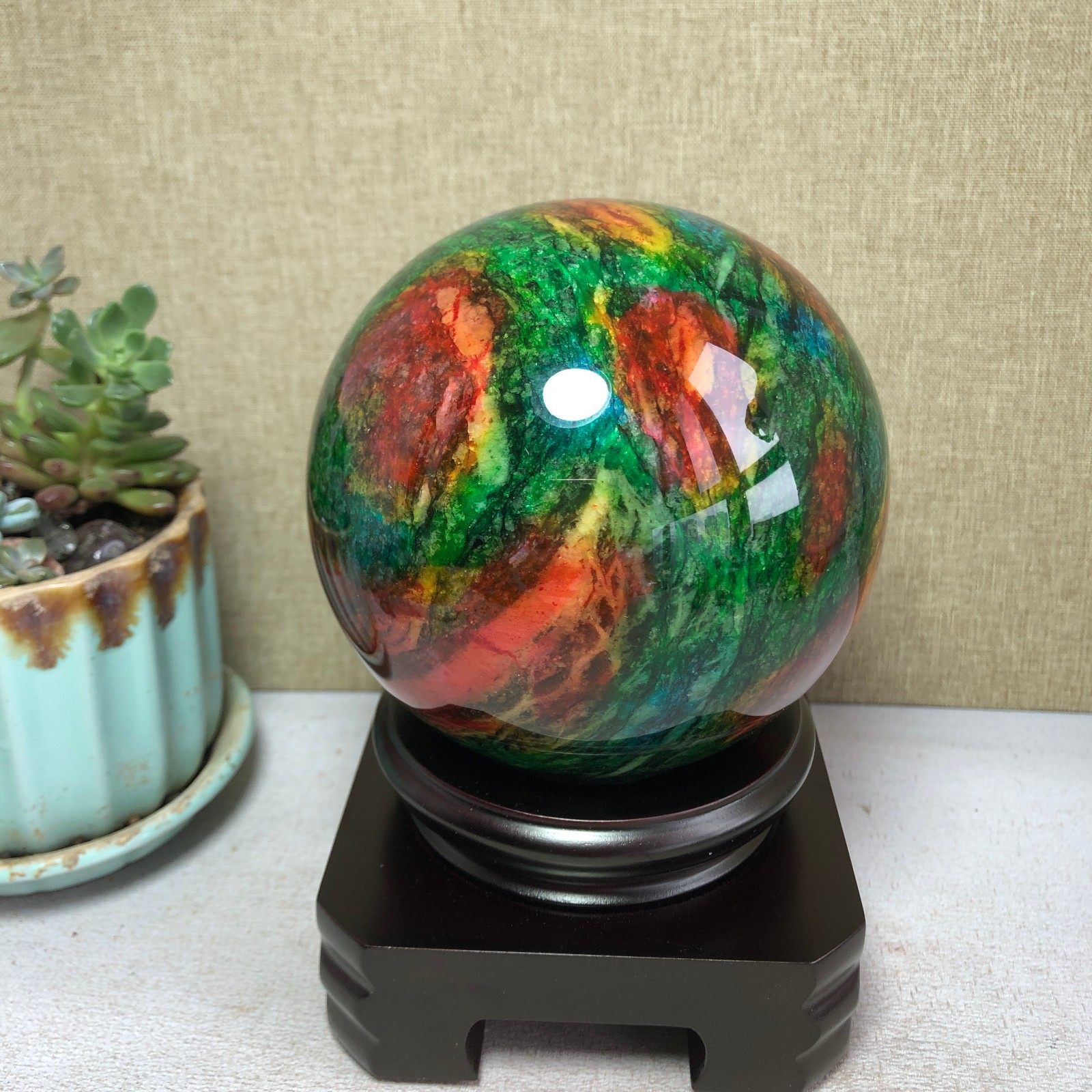 Natural “Seven Colors Jade” sphere flat bottom specimen Taiwan China 99mm A4579
