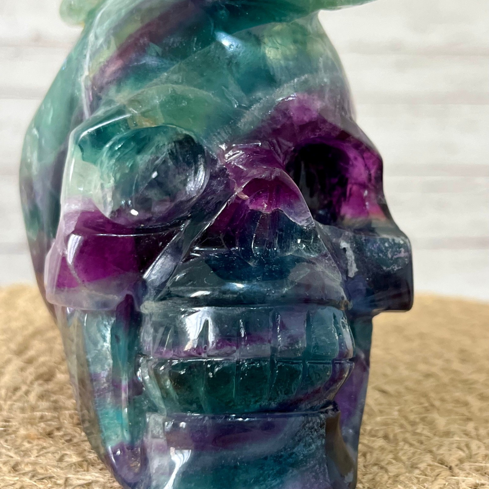Fluorite Skull Carving with Rose Top – Natural Crystal Healing Decor Gift 3.9 lb