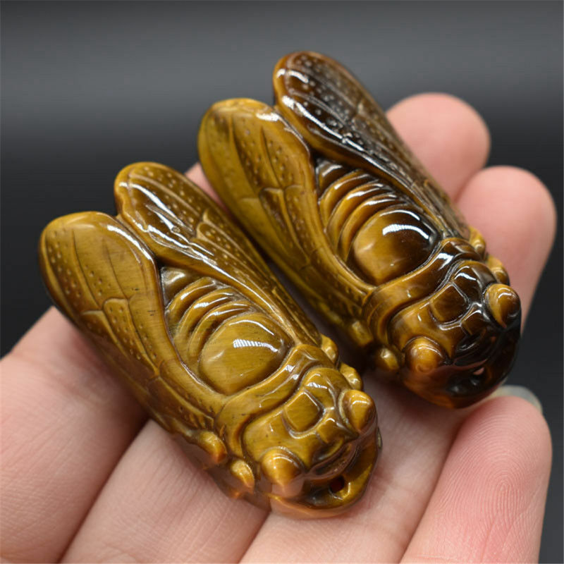 Natural Tiger’s Eye Stone Hand Carved Cicada Quartz Crystal Pendant Gift Healing
