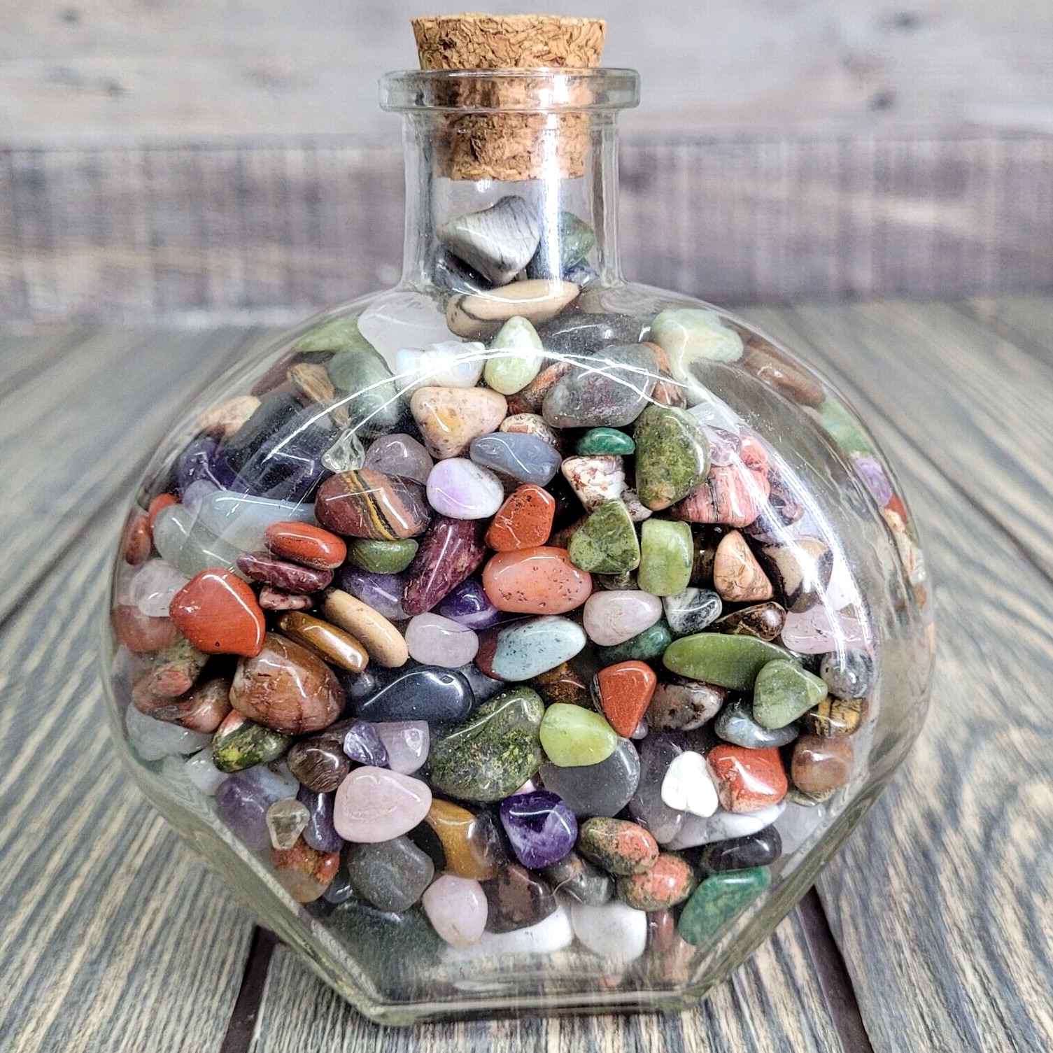 1.25 Lbs Mixed Crystals in Vintage Apothecary Glass Jar Bottle Small Tumbles