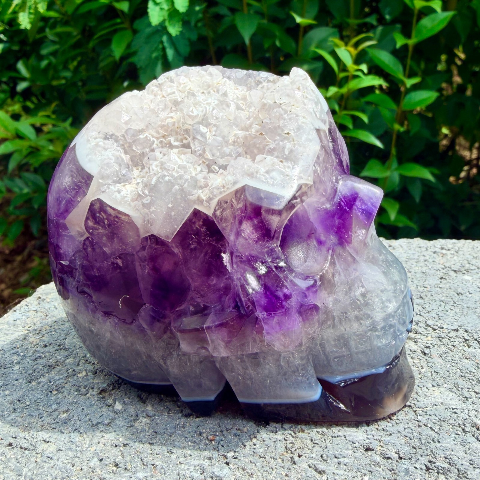 714g Amethyst agate crystal cave skull, Rare hand carved skull specimen