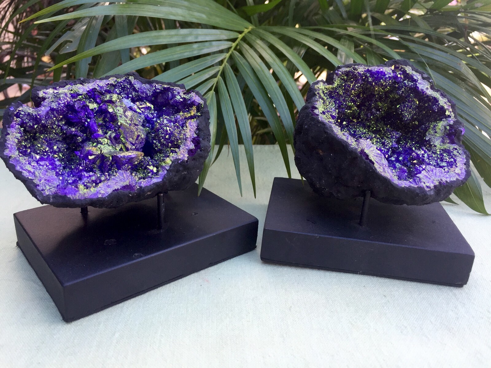 Large Purple Geode Pair W/Stands Crystal Geode Quartz Moroccan Geode Half Open.