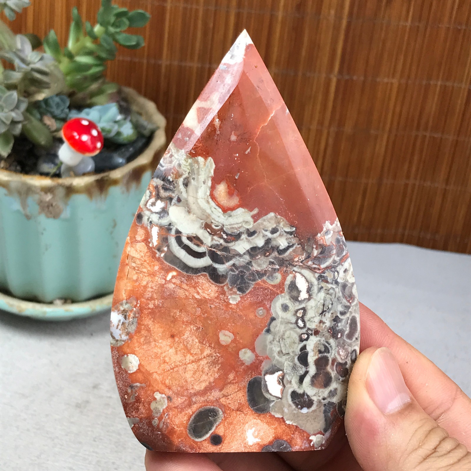 Natural money Mexico agate hand carve leaf Crystal Specimen free standing A6261