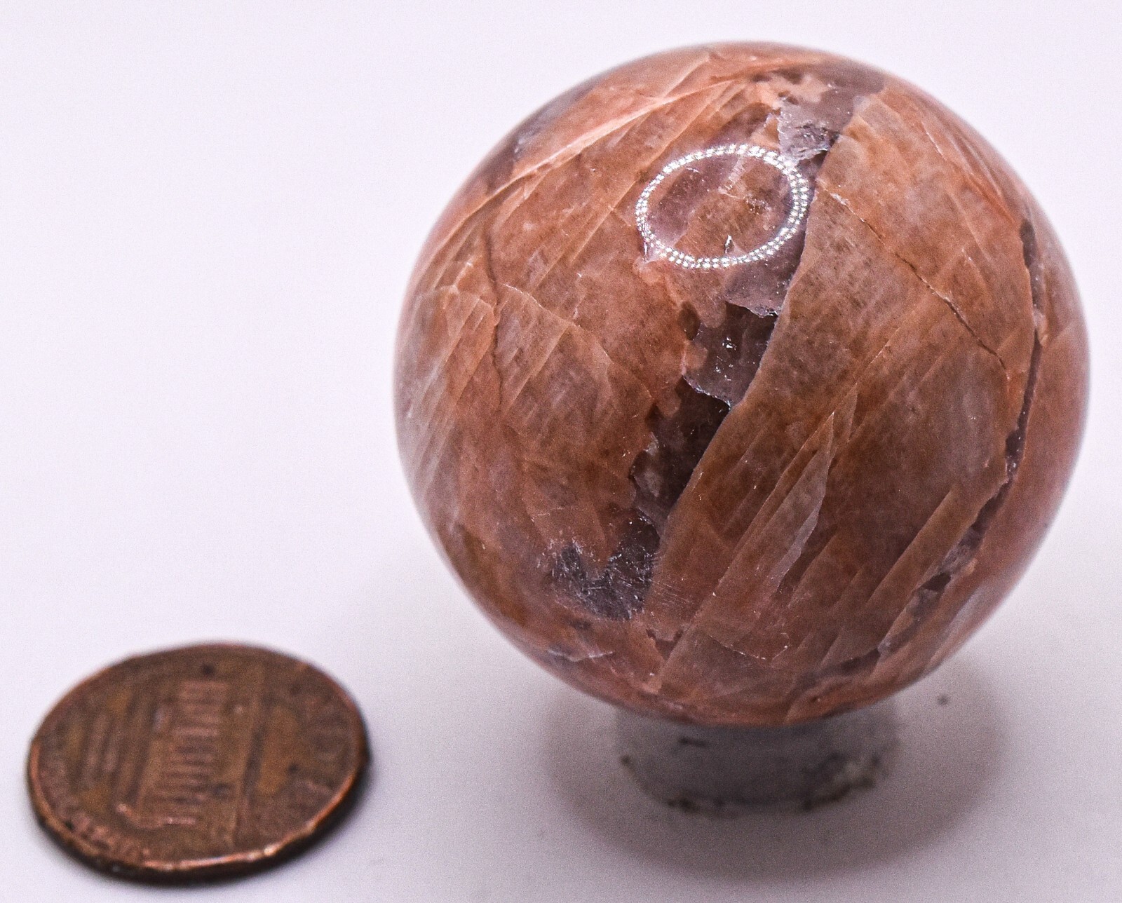 36mm Orange Peach Moonstone w/ Smoky Quartz Crystal Mineral Sphere Ball – India