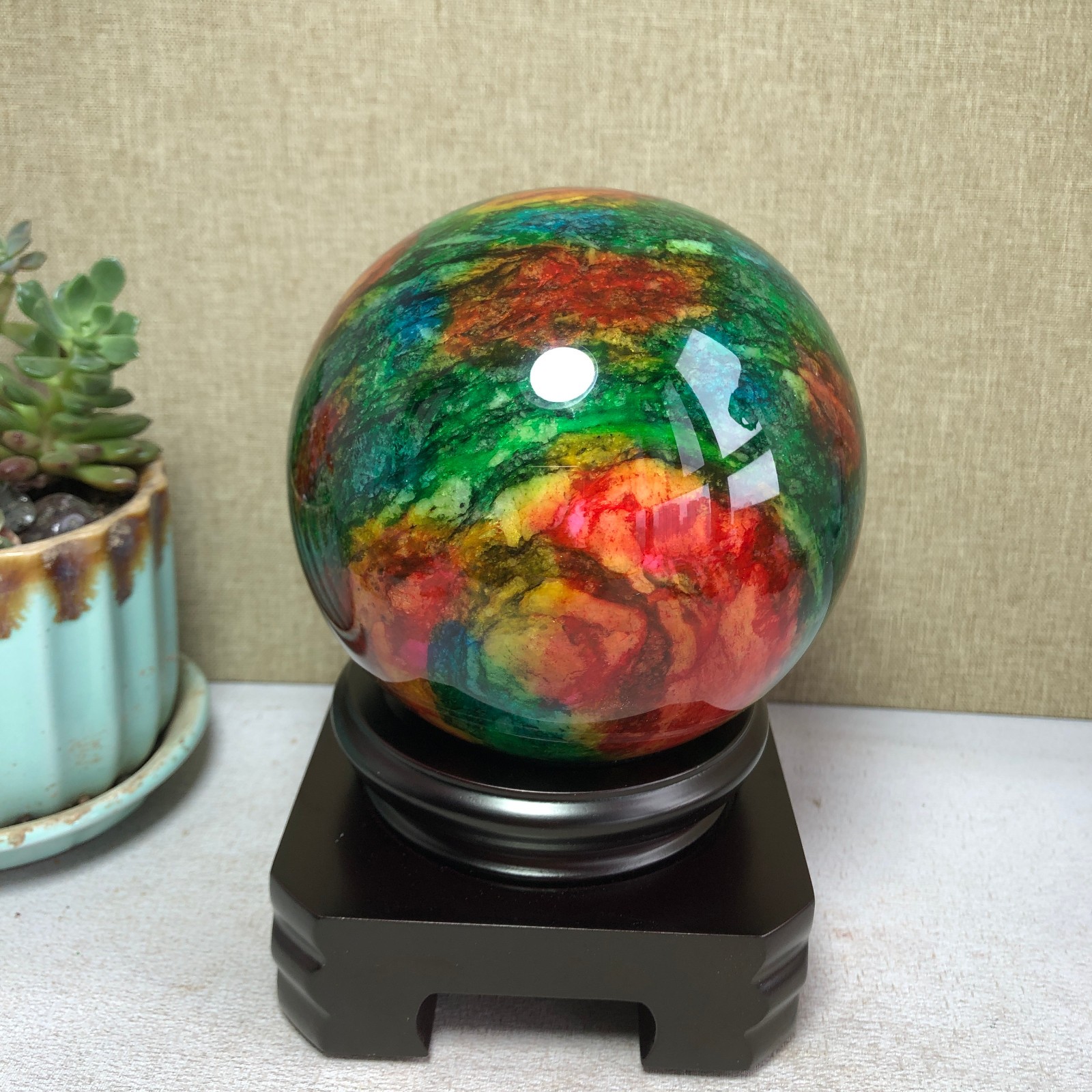 Natural “Seven Colors Jade” sphere flat bottom specimen Taiwan China 99mm A4579