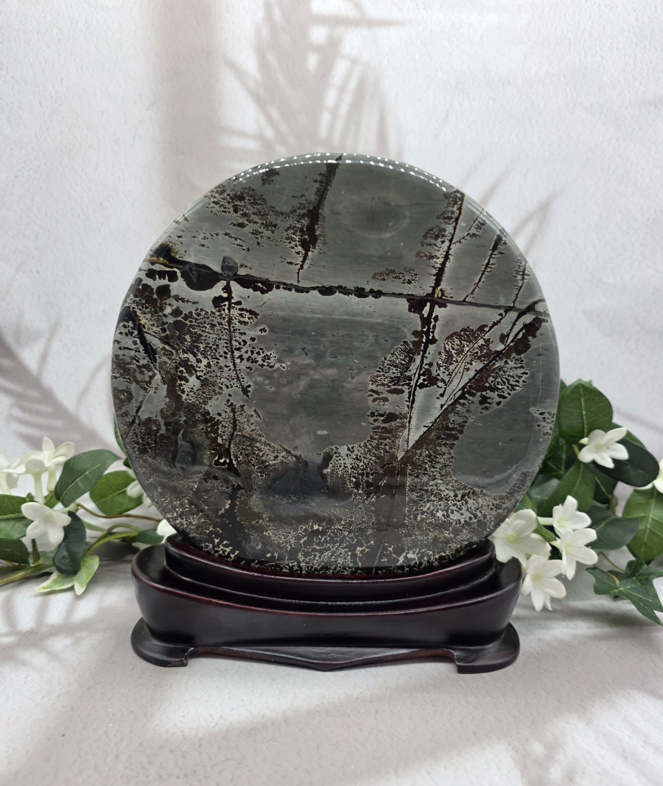 Large Picture Jasper Round Scenic Plaque 8” Polished Stone Disc With Wood Stand