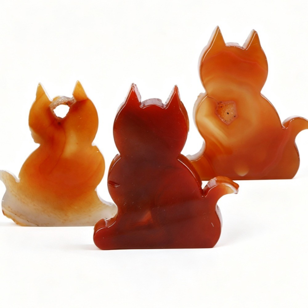 Natural Red Agate Geode Lucky Cat Carving Crystal Stone Healing Desk Decor 2pcs