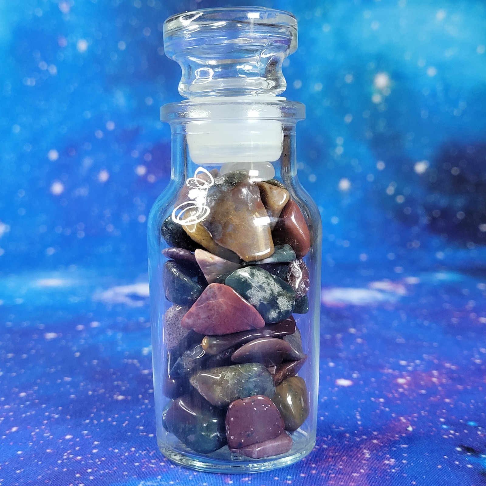 Ocean Jasper Natural Stone Tumbles in Vintage 4 oz Apothecary Glass Jar *Video*