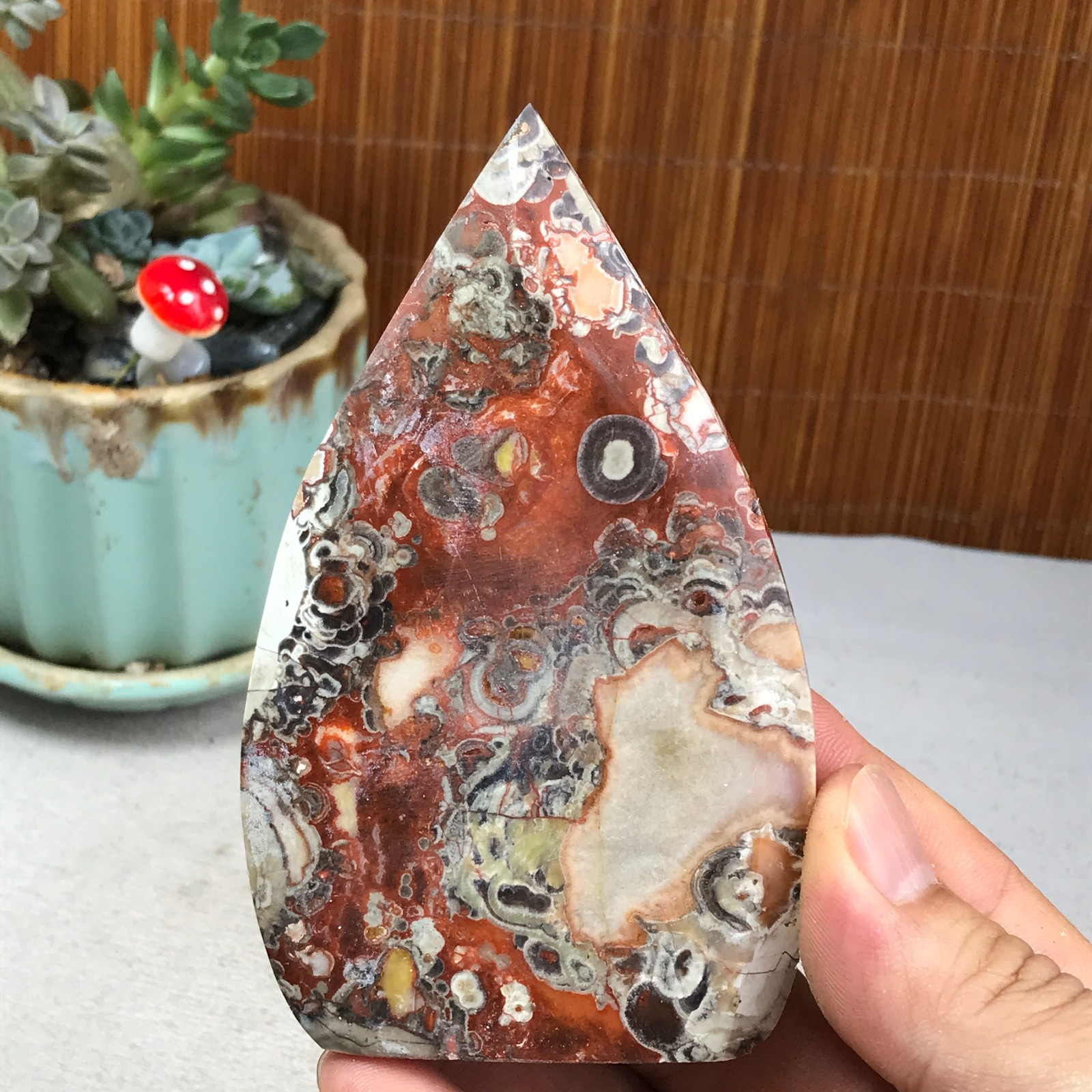 Natural money Mexico agate hand carve leaf Crystal Specimen free standing A6260