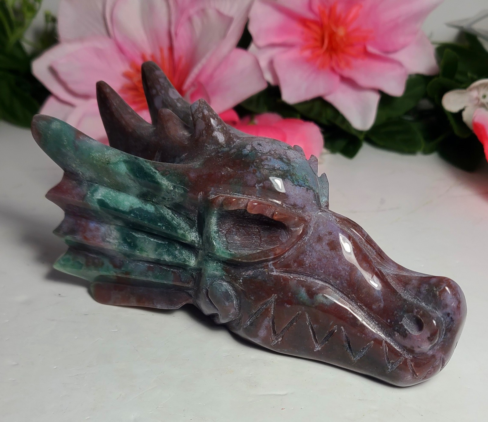 Large 5″ 435g Elegant A++ Ocean Jasper Dragon Head Skull Carving Stone Statue
