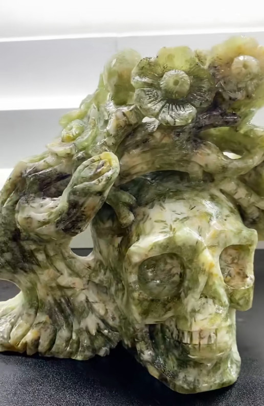 5.11LB Natural Jade Quartz Carved Crystal Flower Skull Reiki Healing Decor
