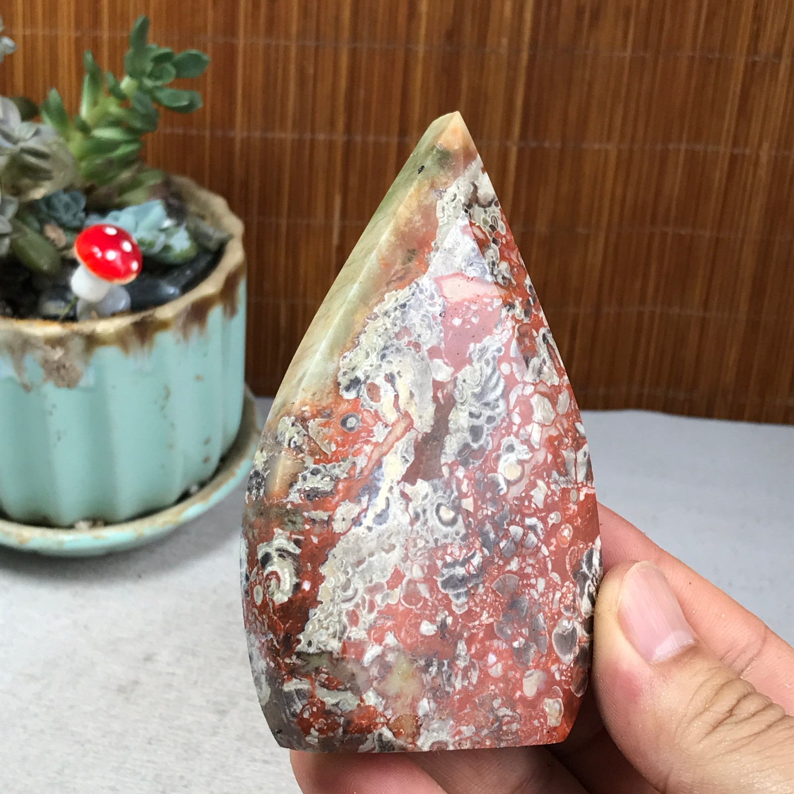 Natural money Mexico agate hand carve leaf Crystal Specimen free standing A6262